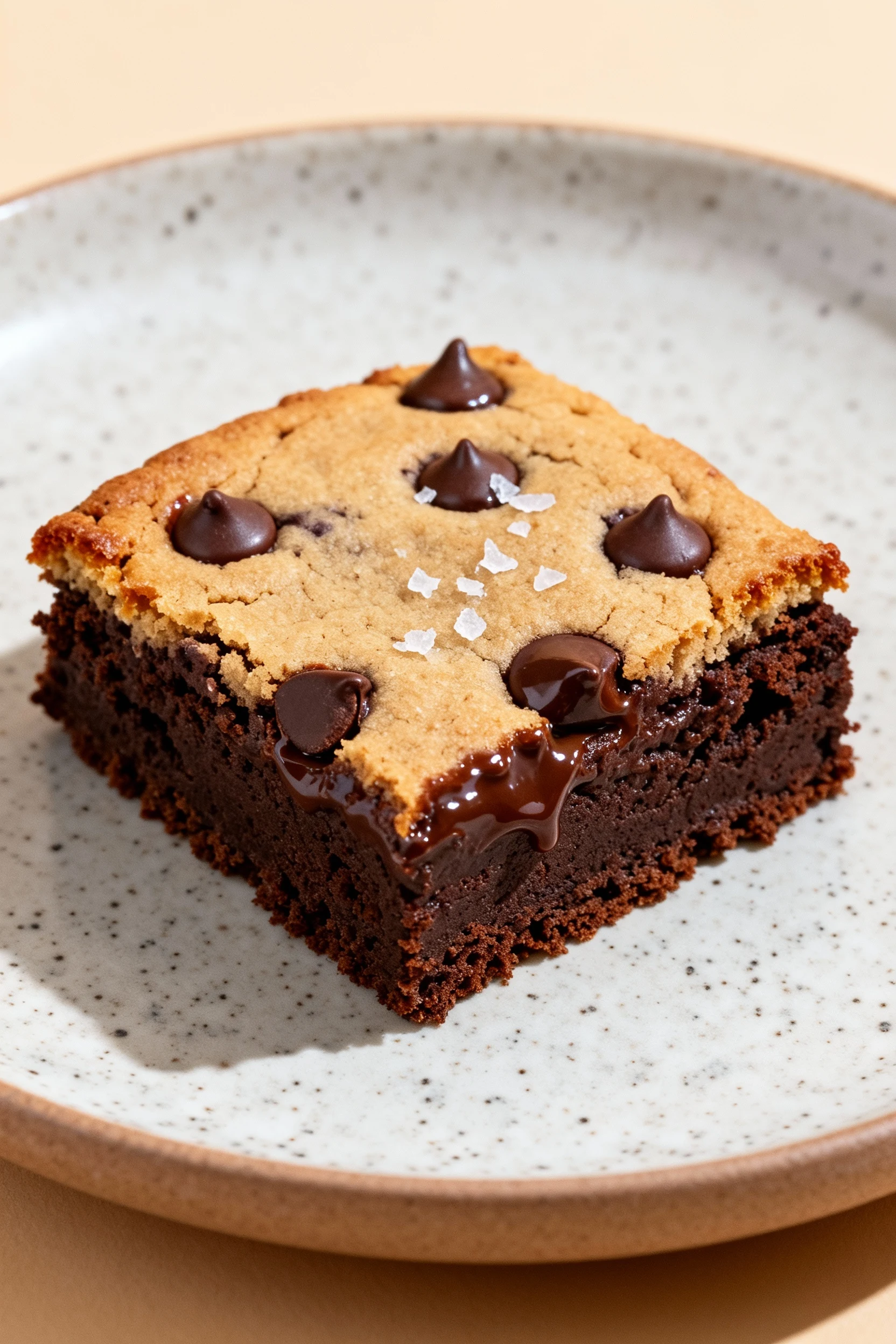 Food photography, Macro close-up of a single brookie square on a speckled ceramic plate, showing dense fudgy brownie cru