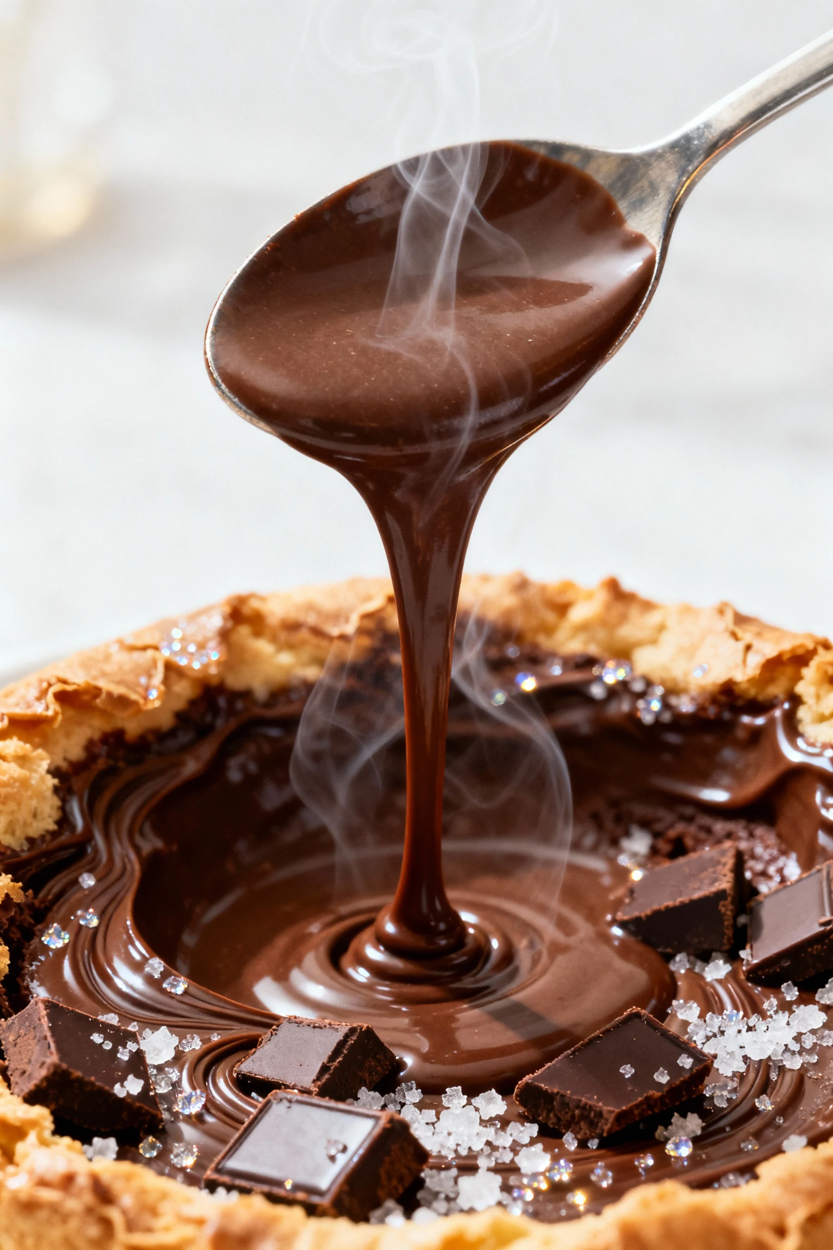 Food photography, Close-up detail of a spoon lifting through the gooey center, molten chocolate stretching with visible
