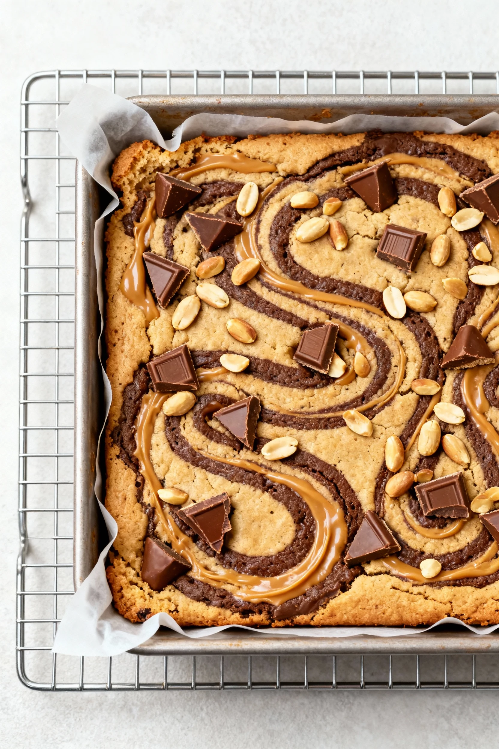 Food photography, Overhead shot of a 9x9 parchment-lined pan of baked PB swirl brookies with bold figure-eight peanut bu