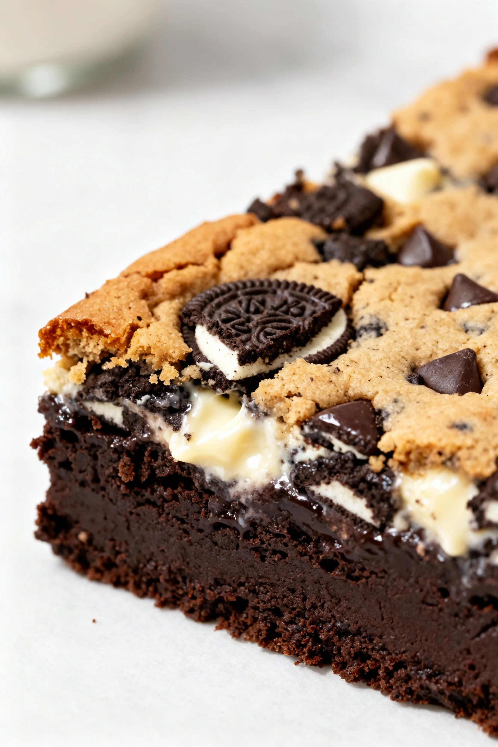Food photography, Close-up of a sliced bar showing the deep dark-cocoa fudgy brownie base and the chewy cookie layer pac