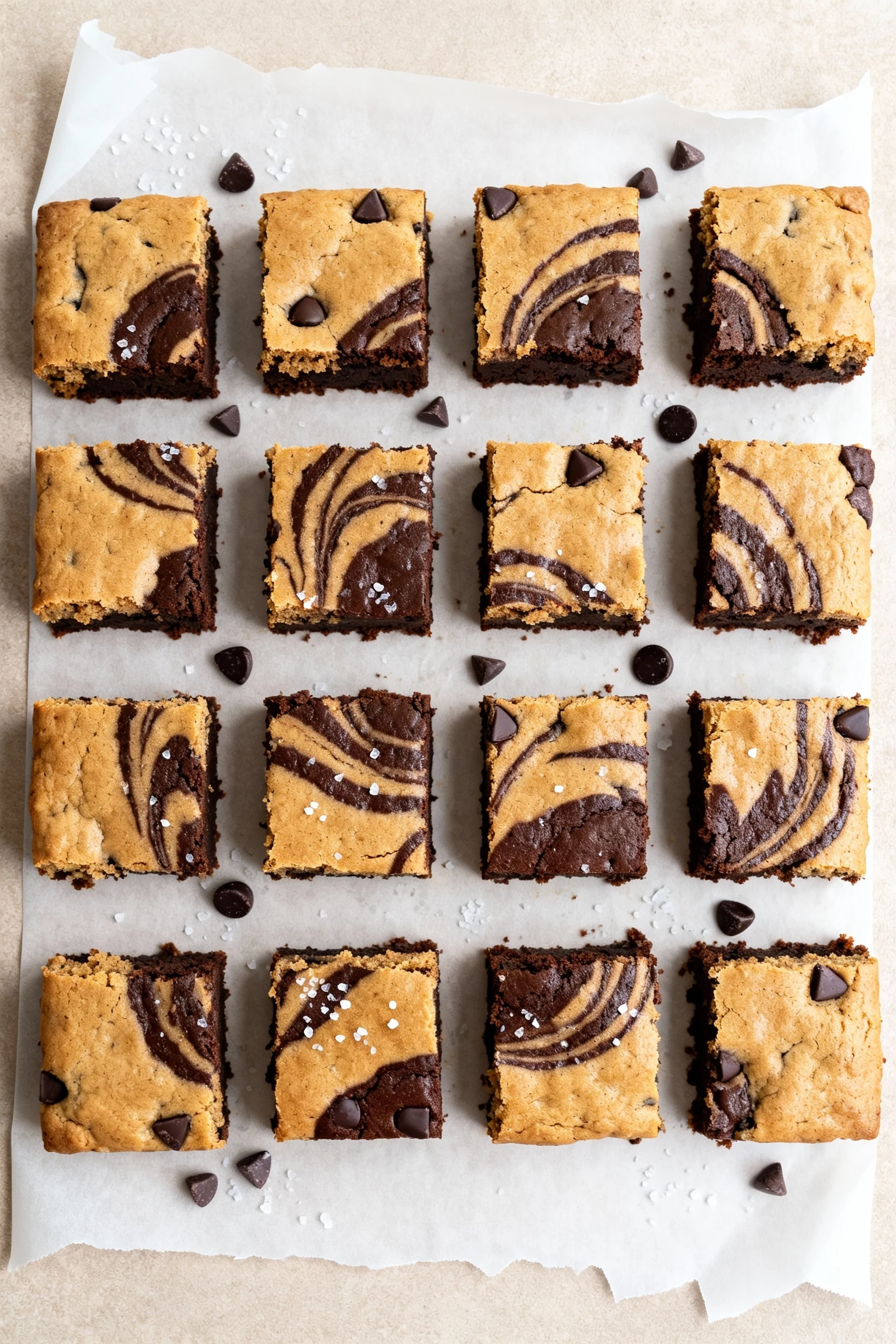 Food photography, 2. Overhead shot of 16 gluten-free brookie squares on parchment with overhang, distinct marbled browni