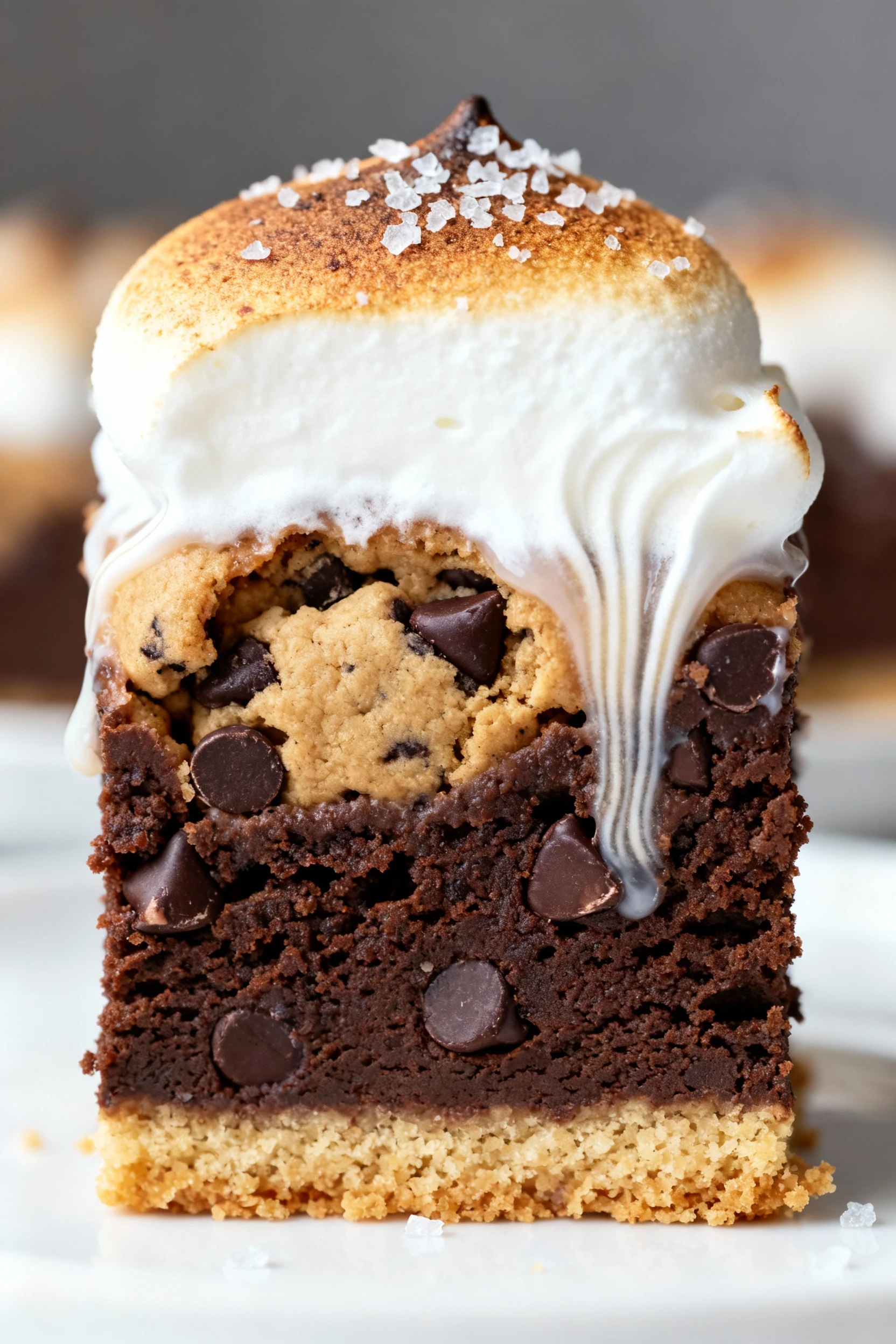 Food photography, Extreme close-up of a single sliced square showing distinct layers—buttery graham cracker graham crust