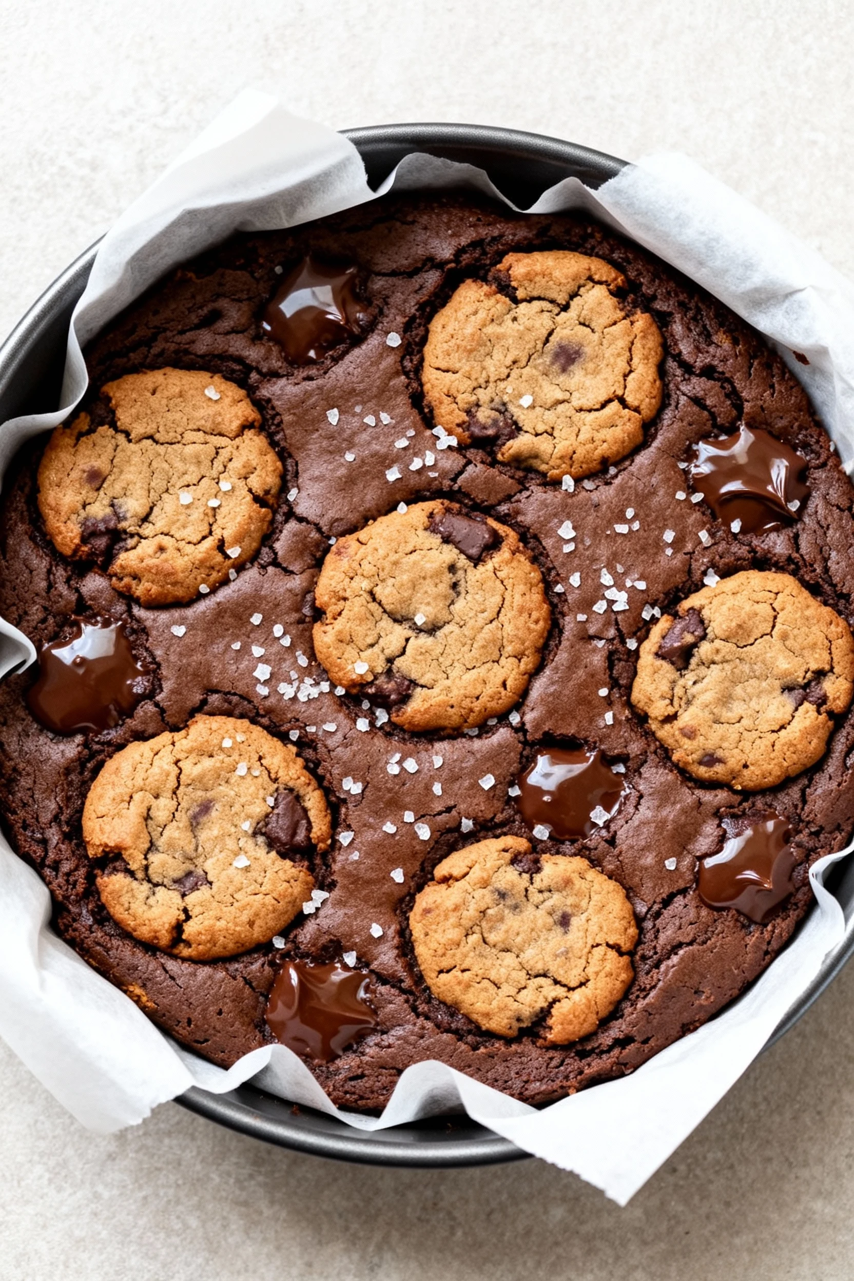Food photography, Overhead shot of a freshly baked 8-inch pan of vegan brookies with a visible parchment sling; chunky c