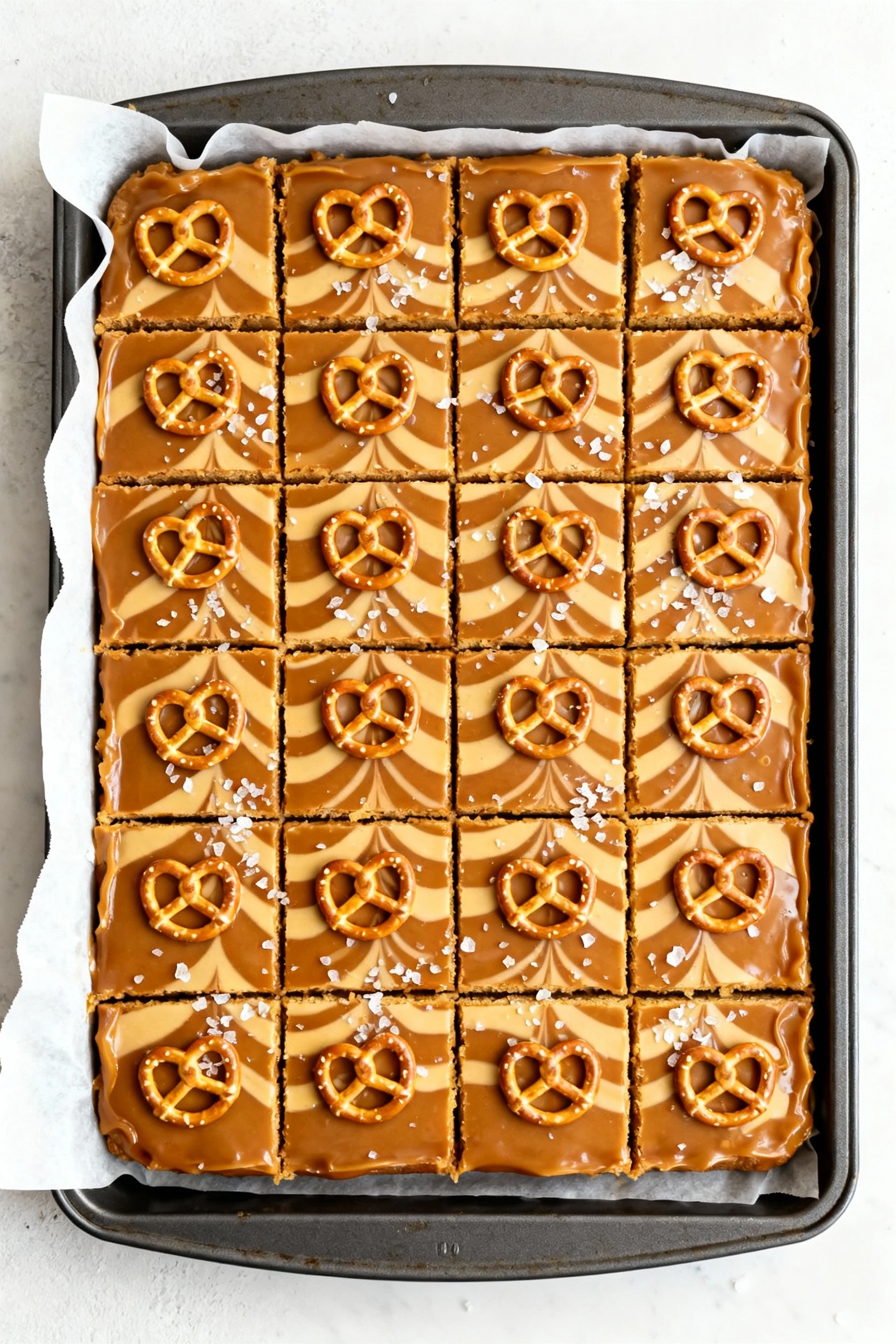 Food photography, Overhead shot of the full 9×13 pan cut into 16 clean bars: zigzagged warm caramel finish, reserved pre