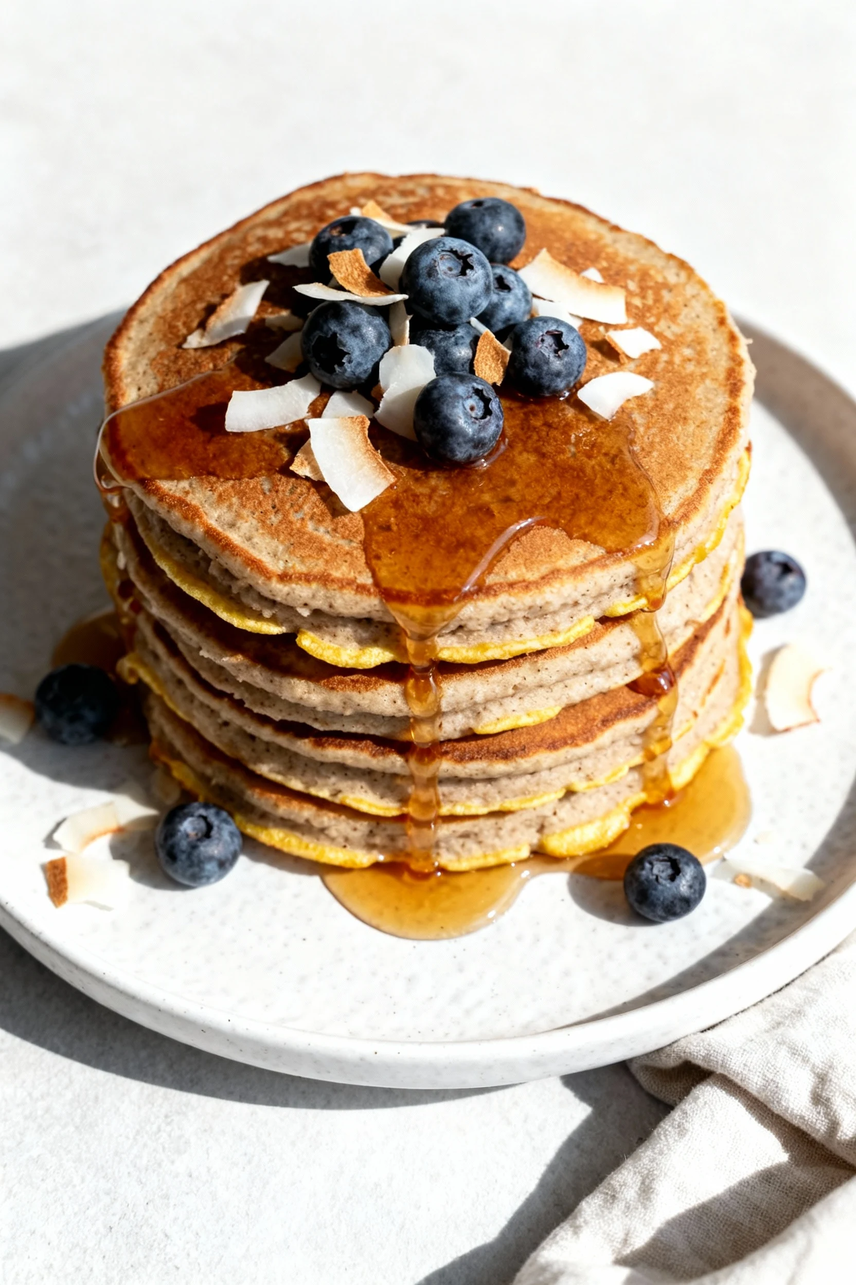 Food photography, 2. Overhead shot of a tall stack of gluten-free coconut flour pancakes on a matte white plate, maple s