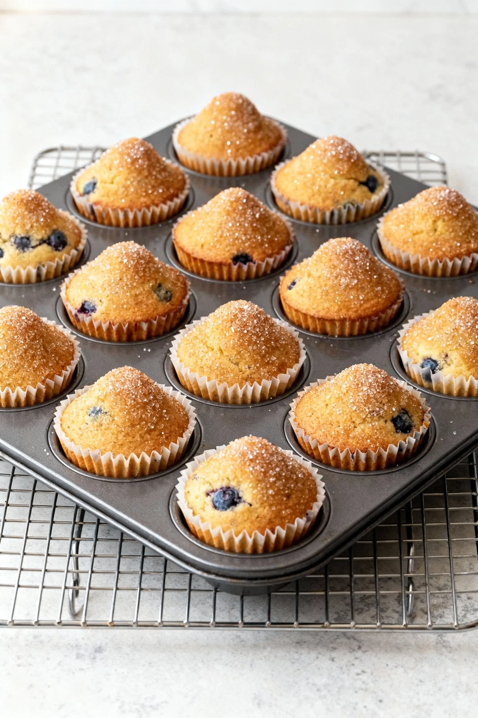 Food photography, Overhead shot of a 12-cup muffin tin just out of the oven: tall domes, evenly golden tops, glittering 
