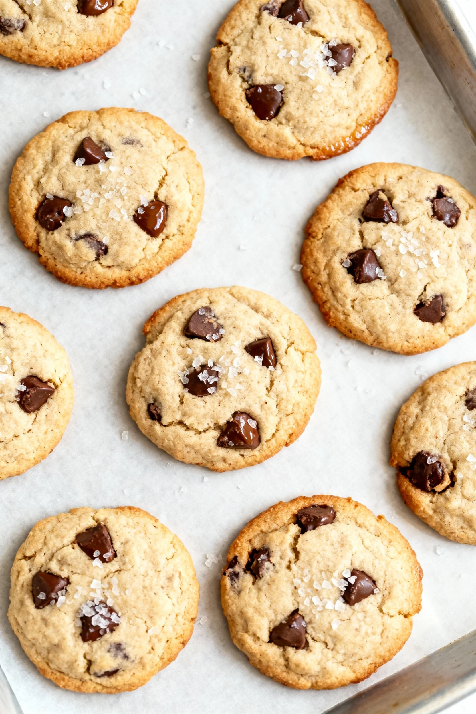 Food photography, Overhead shot of freshly baked Soft-Baked Coconut Flour Chocolate Chip Cookies on a light-colored, par