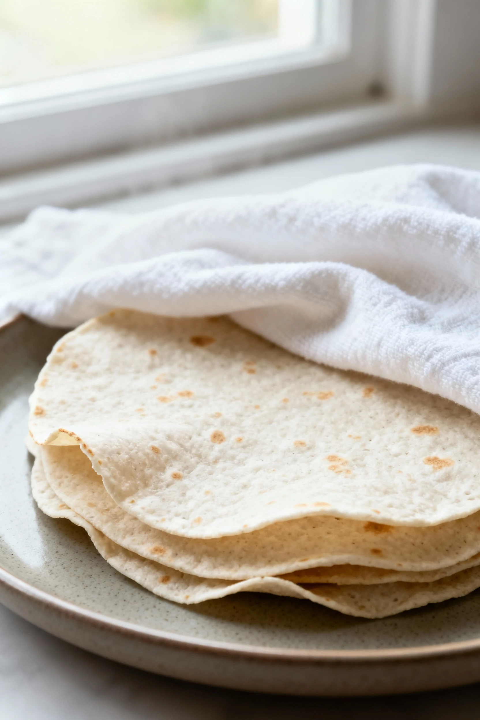 Food photography, Macro close-up of a steam-softened stack of cooked coconut flour tortillas under a clean kitchen towel