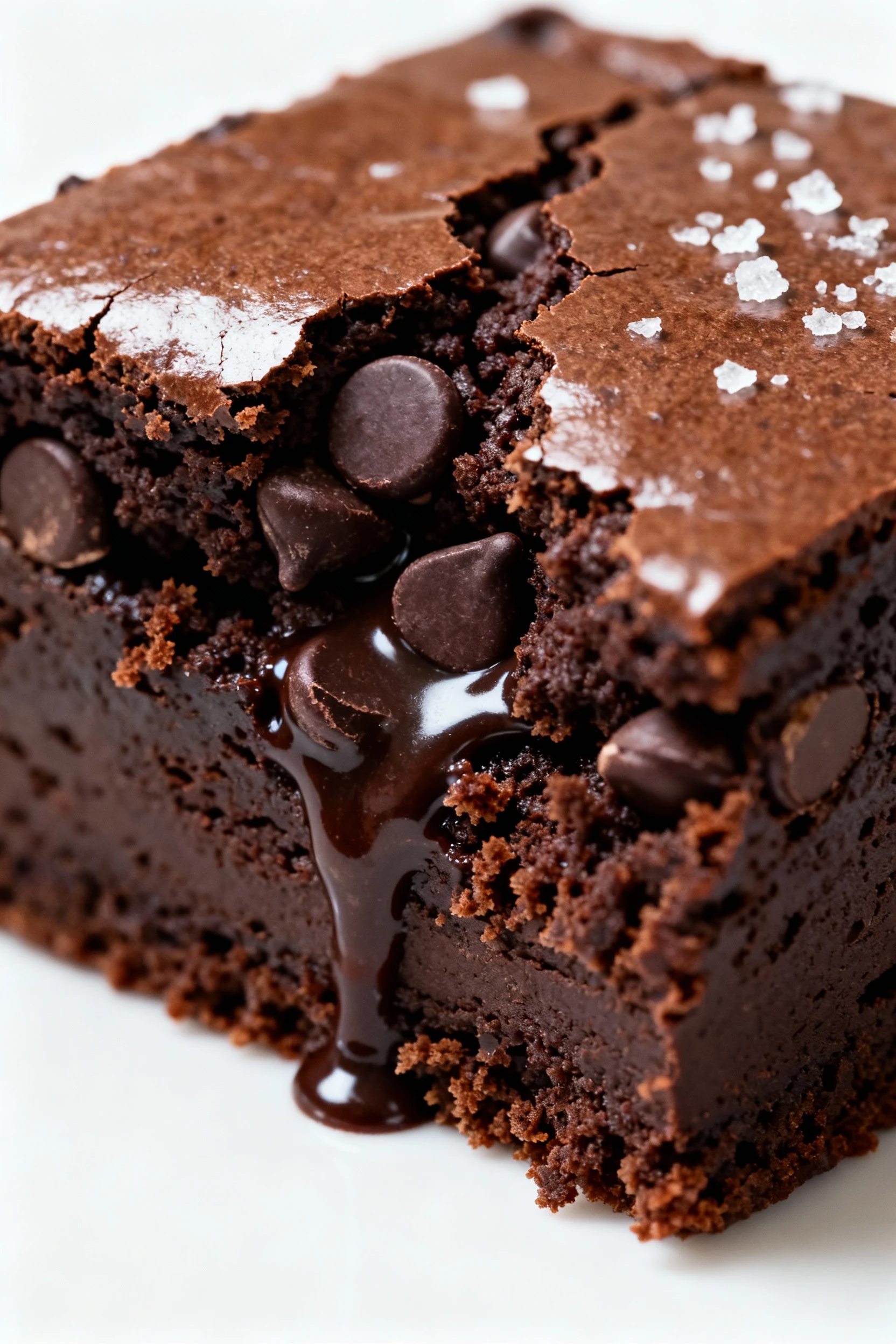 Food photography, Extreme close-up of a just-cut brownie square showing the dense, fudgy center with melty chocolate chi