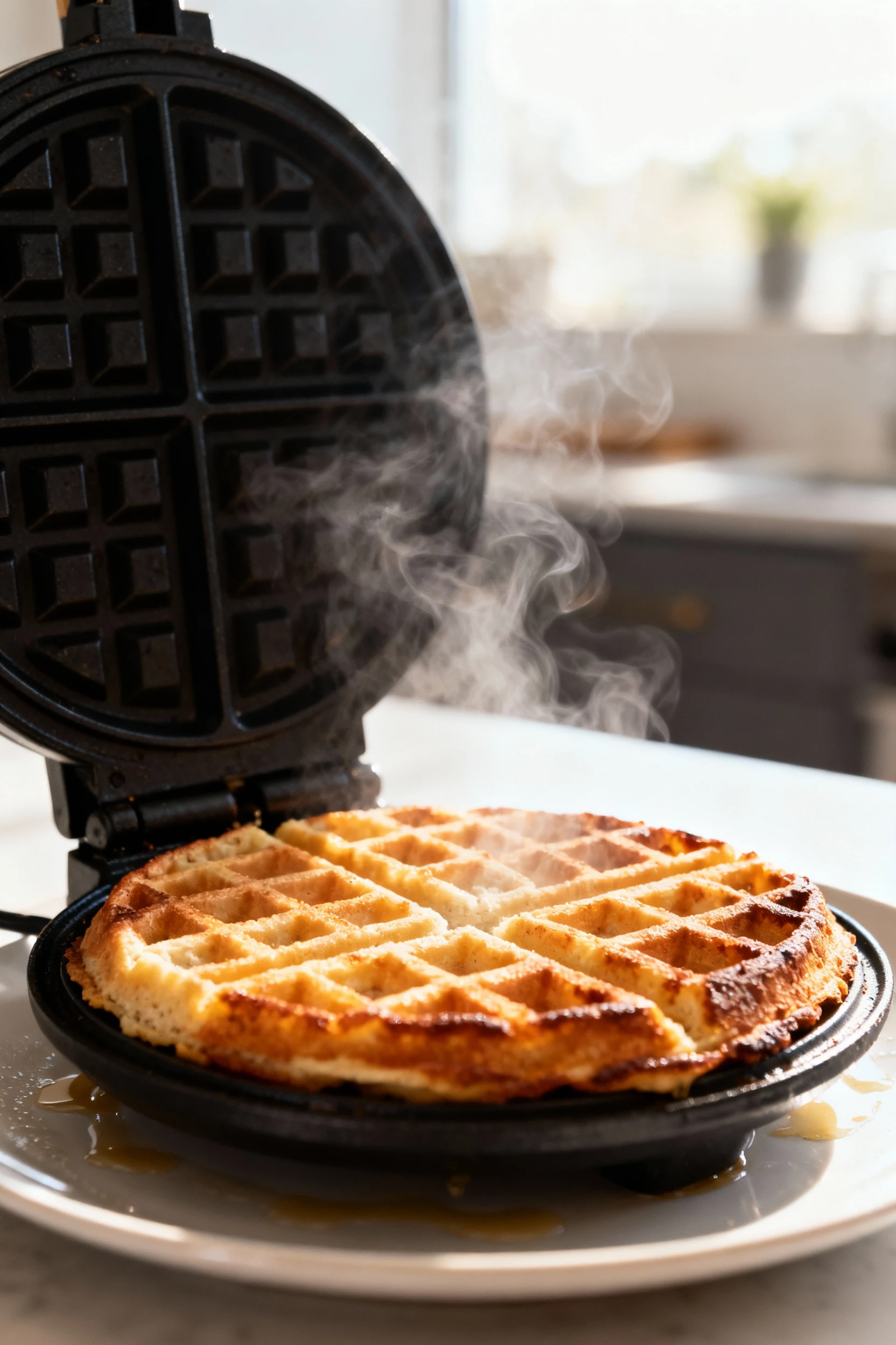 Food photography, Cooking process: open, preheated Belgian waffle iron cradling a just-finished coconut flour waffle, st
