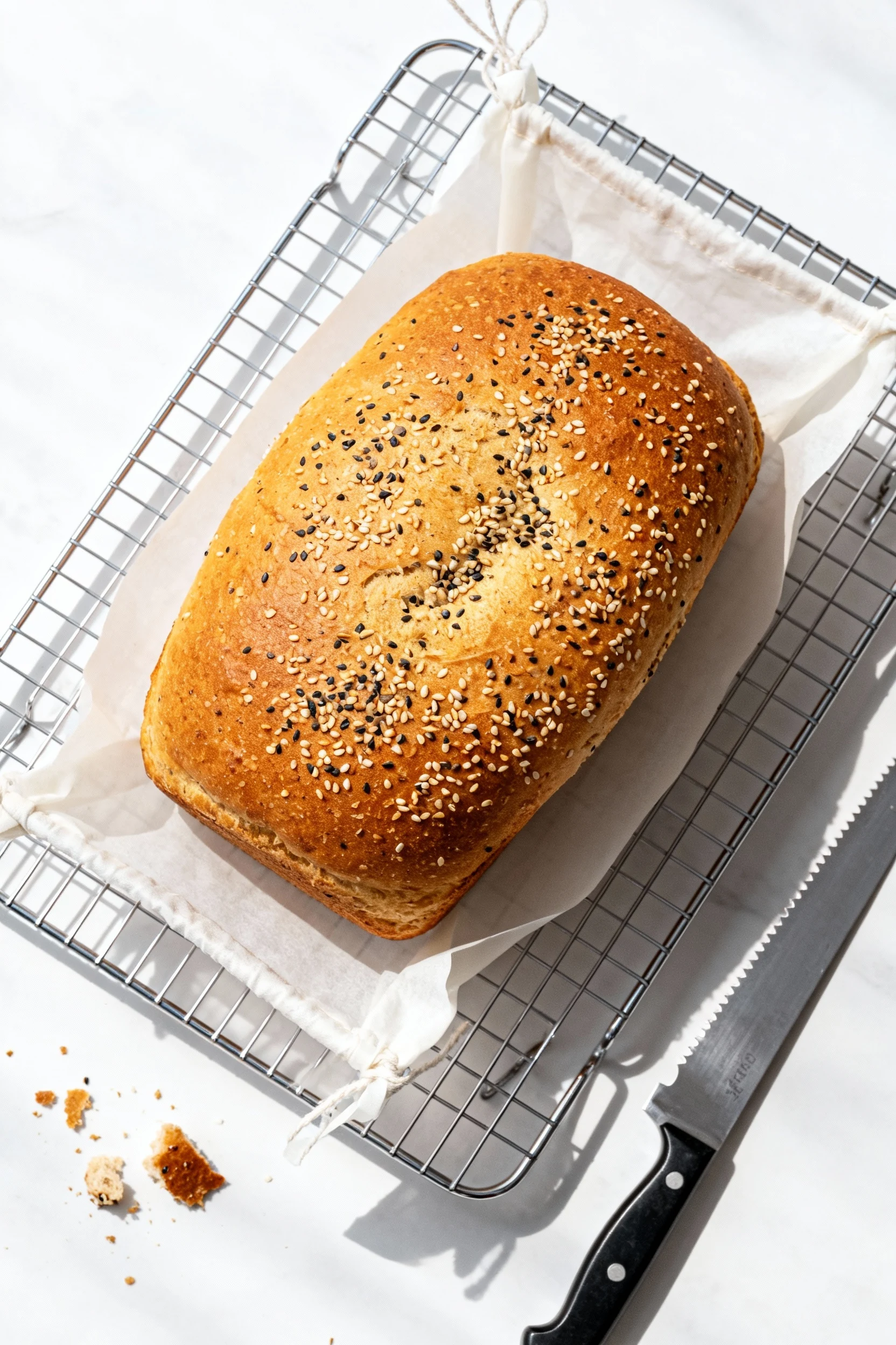 Food photography, Overhead shot of the fully baked loaf resting on a wire rack, lifted by a parchment sling; evenly gold