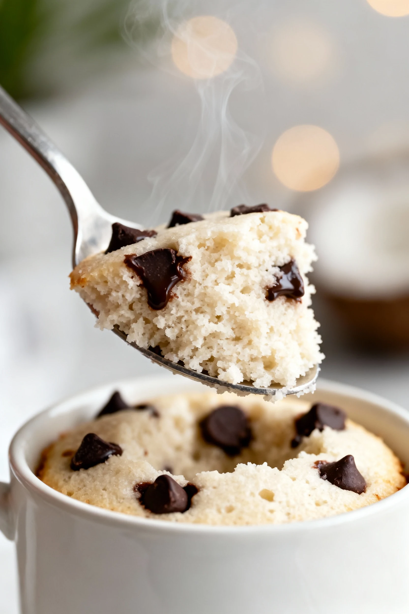 Food photography, Macro close-up of a spoonful lifted from a coconut flour mug cake studded with melted dark chocolate c