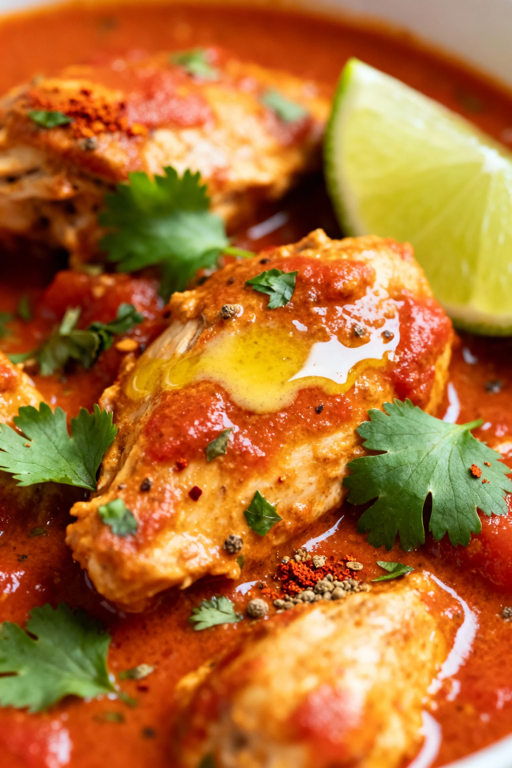 Close-up detail: silky coconut–tomato curry clinging to tender chicken, brick-red sauce with buttery ghee sheen, specks