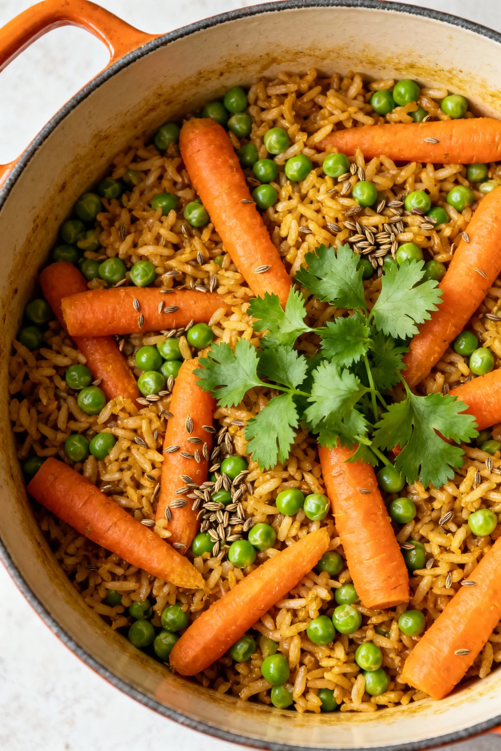 Overhead shot of peas and carrots pilaf—cumin seeds, tender orange carrots, bright green peas, and cilantro garnish—serv