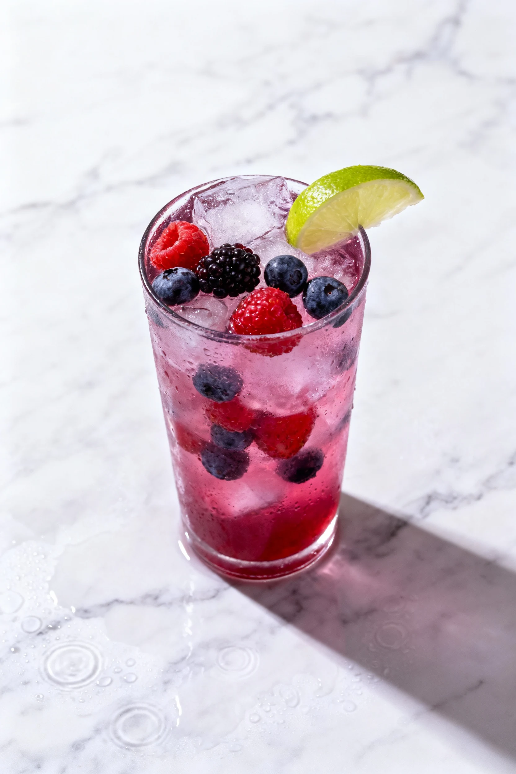 Overhead Berry-Lime Spritz: tall glass with ice and mixed berries, ruby-magenta tint, lime wedge, condensation rings on 