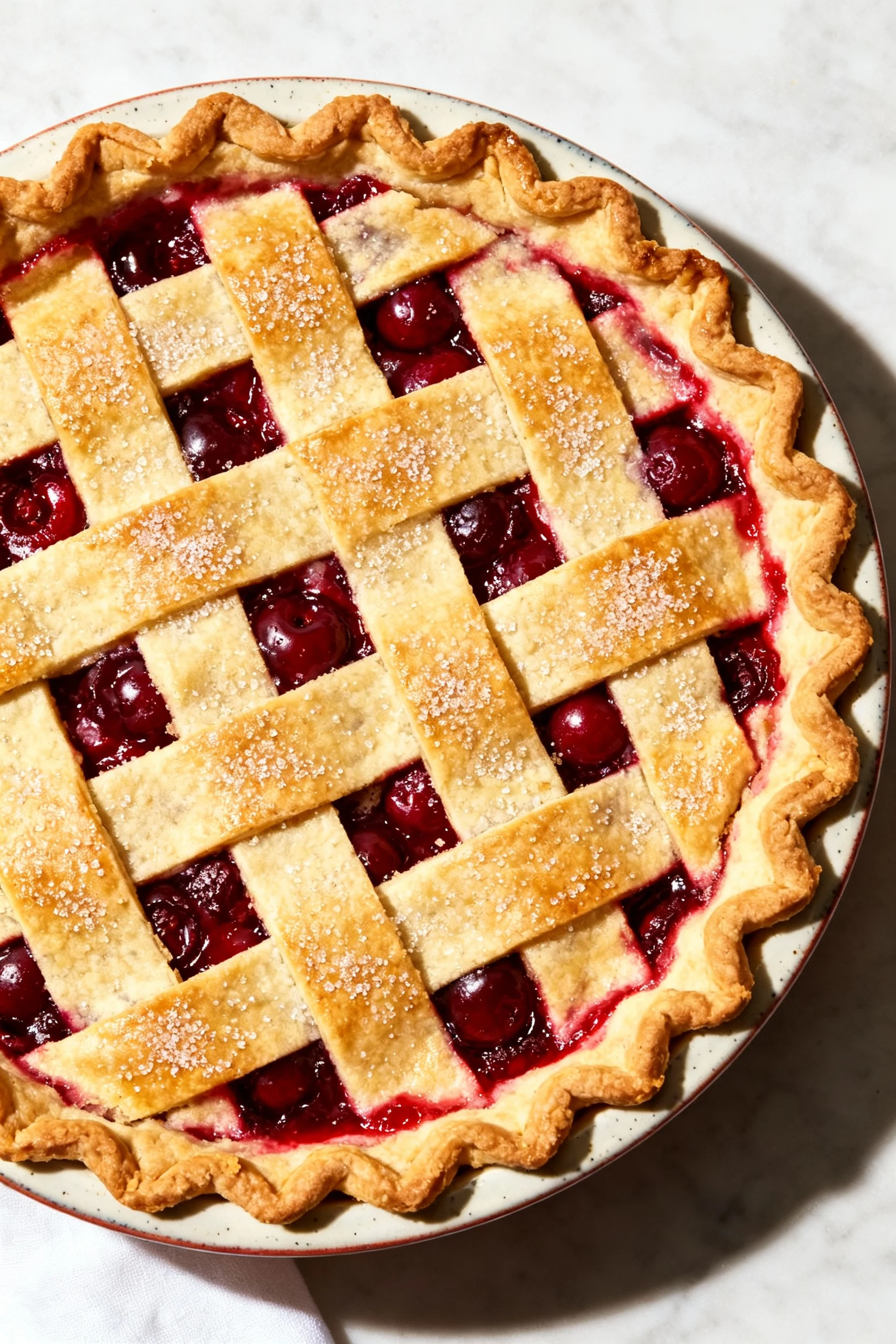 Overhead shot of a baked 9-inch cherry lattice pie, golden sugar-sparkled crust with visible bubbling ruby filling, cris