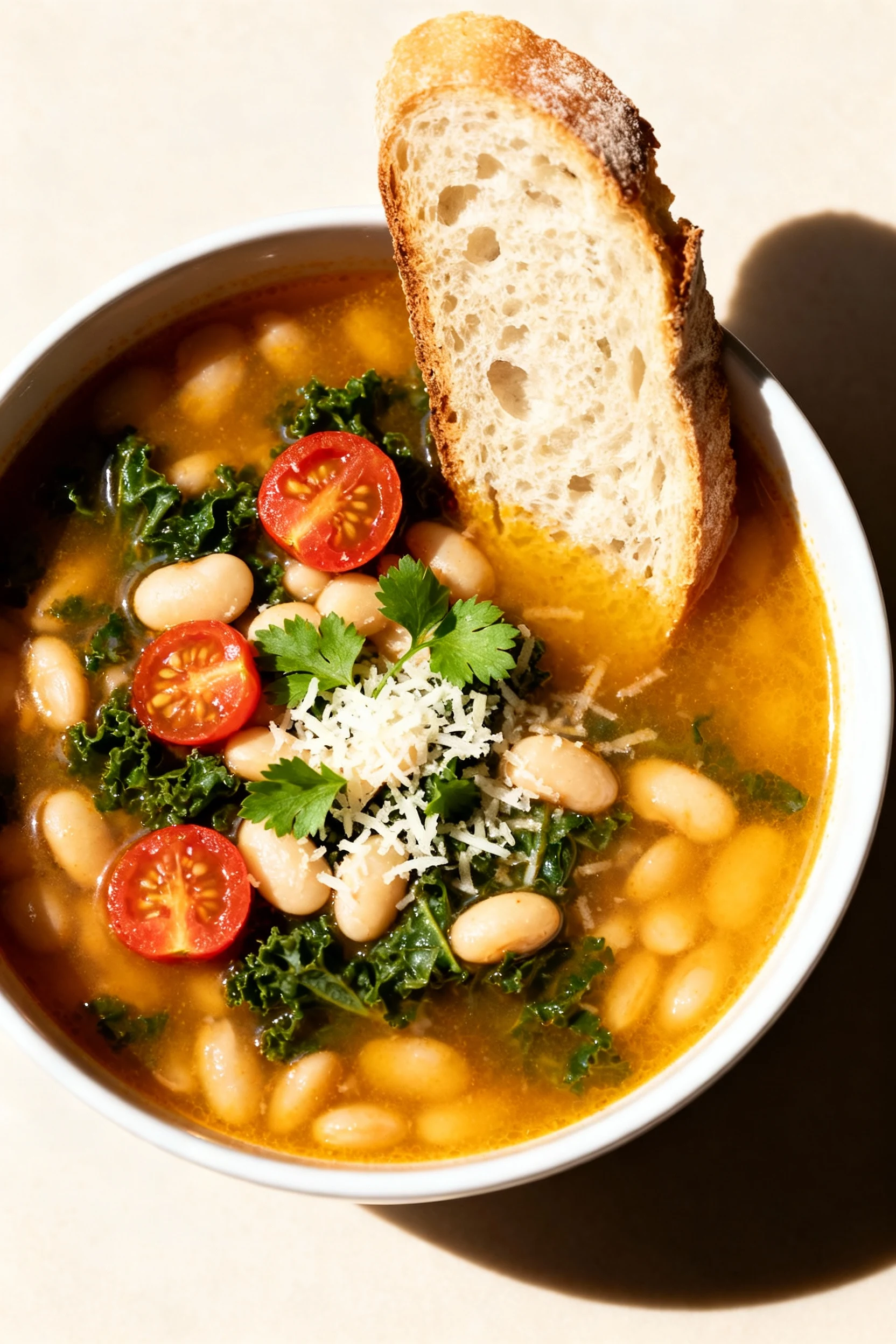 Overhead shot of Tuscan-ish white bean and kale soup with cherry tomato halves, parsley and Parmesan on top, slice of cr