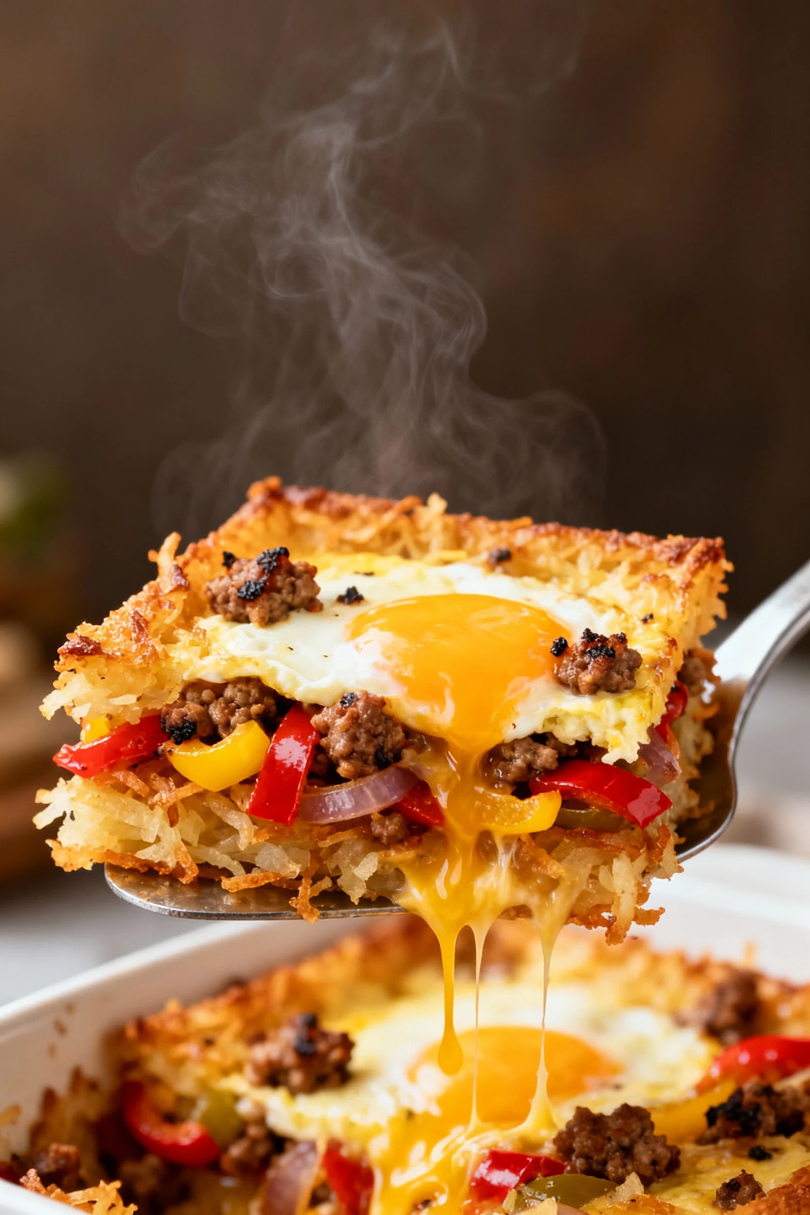 Macro close-up of a square lifted on a metal spatula, layers visible: crispy hash brown crust, sausage crumbles, sautéed