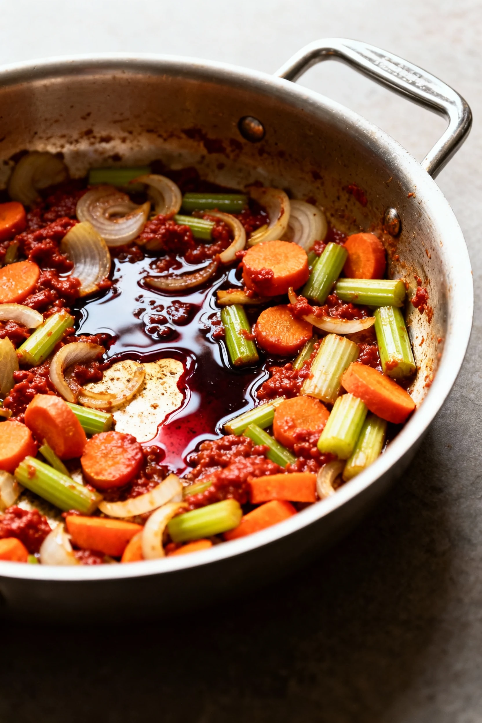 2. Three-quarter process shot: sautéed onions, carrots, celery coated in tomato paste, red wine deglazing, mahogany fond