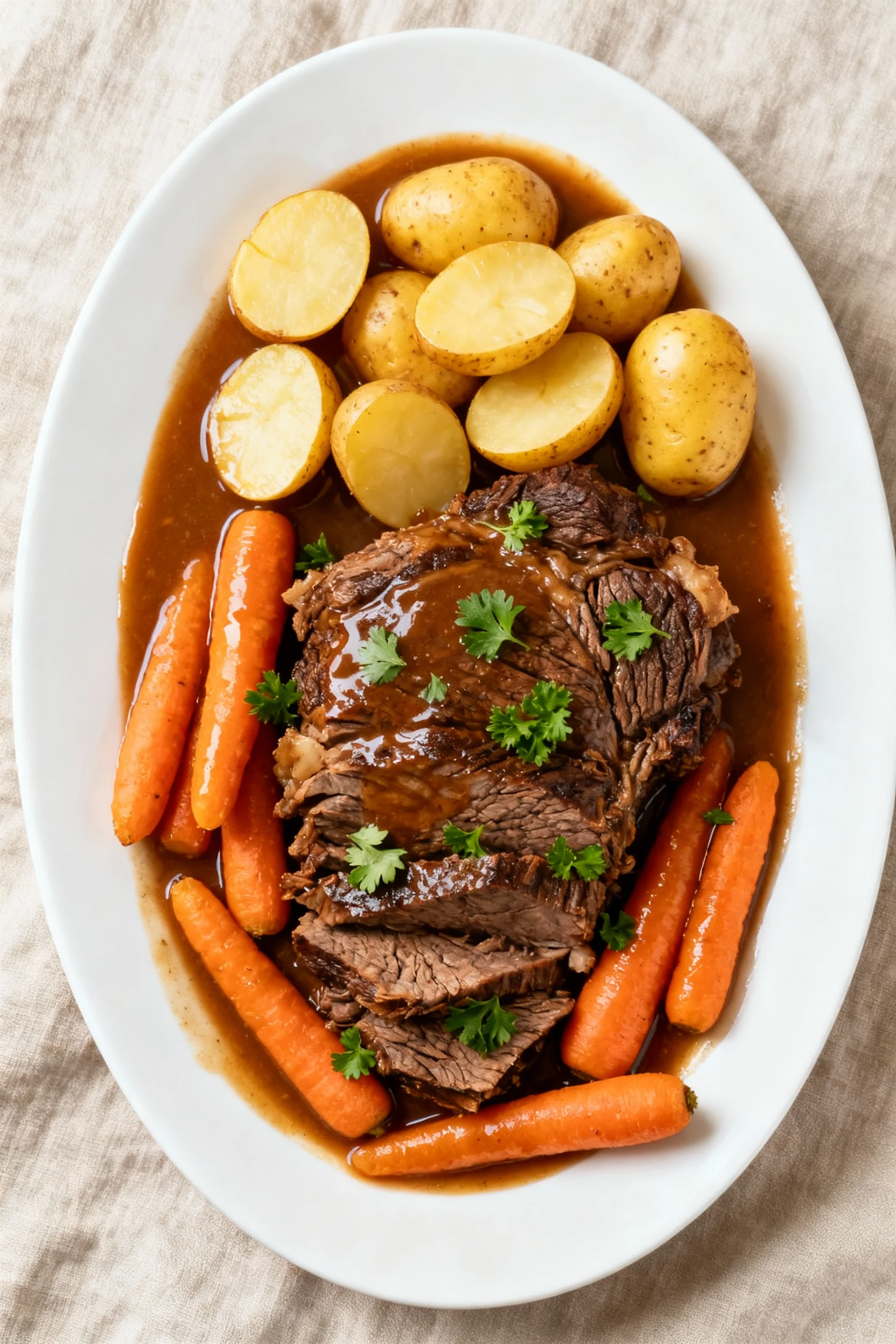 Overhead, family-style platter of pot roast with tender carrots and halved baby gold potatoes, pool of glossy brown grav
