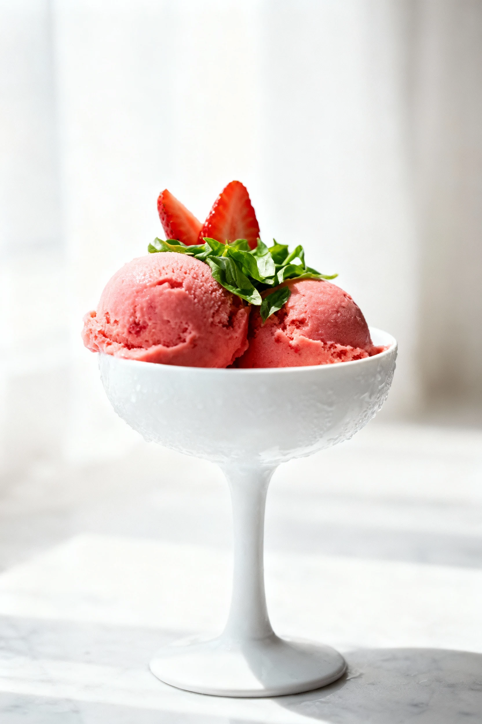 Beautifully plated Strawberry-Basil sorbet: two quenelles in a chilled white coupe, basil chiffonade and strawberry sliv