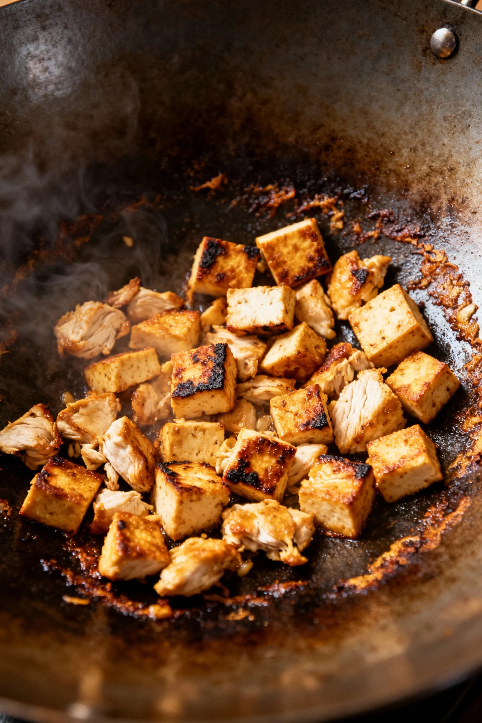 Chopped leftover chicken or tofu re-crisping in a carbon-steel wok, charred edges and caramelized fond, high-heat sear c