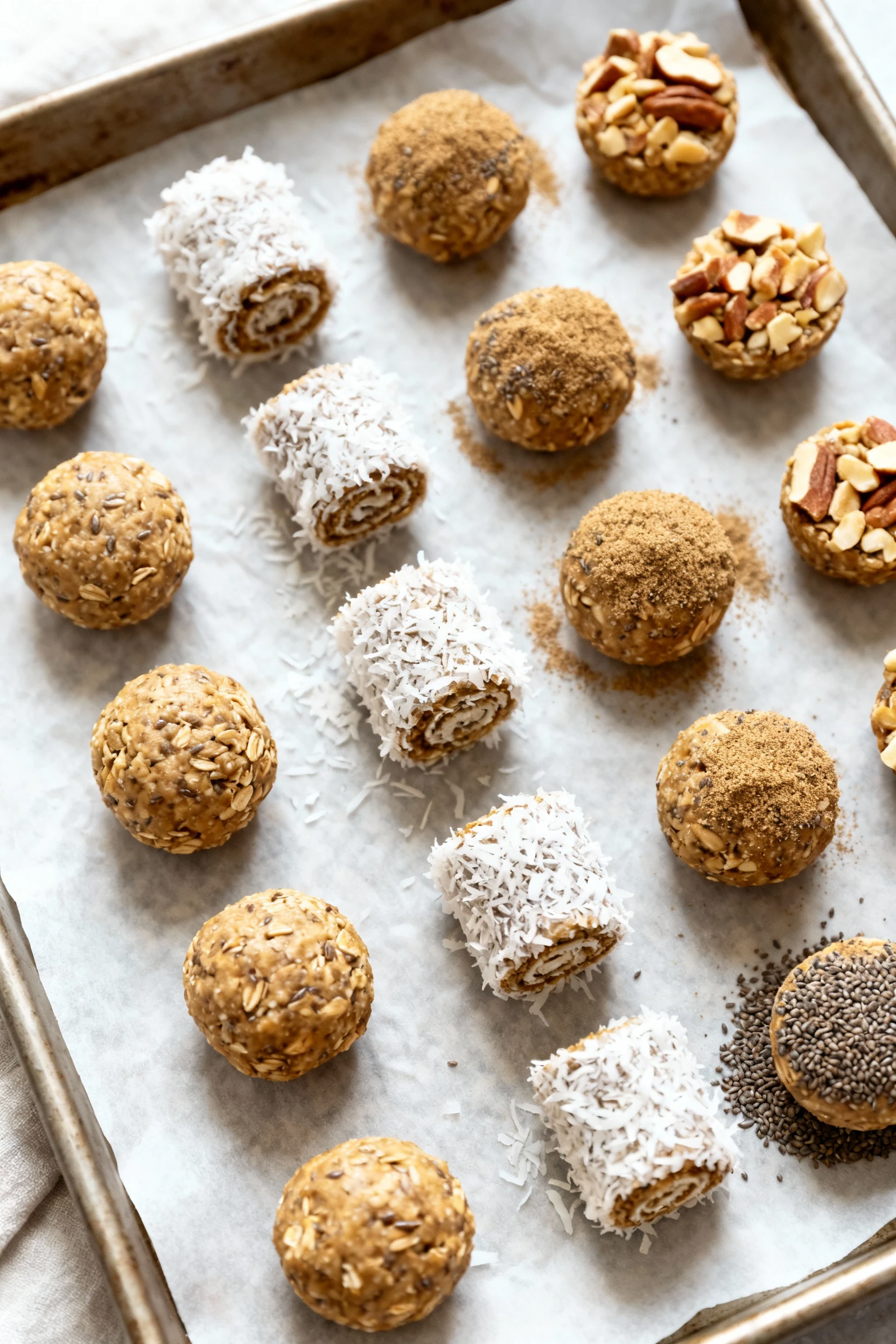 Overhead shot of a parchment-lined tray of freshly chilled flaxseed oat bites, neatly arranged; some rolled in shredded 