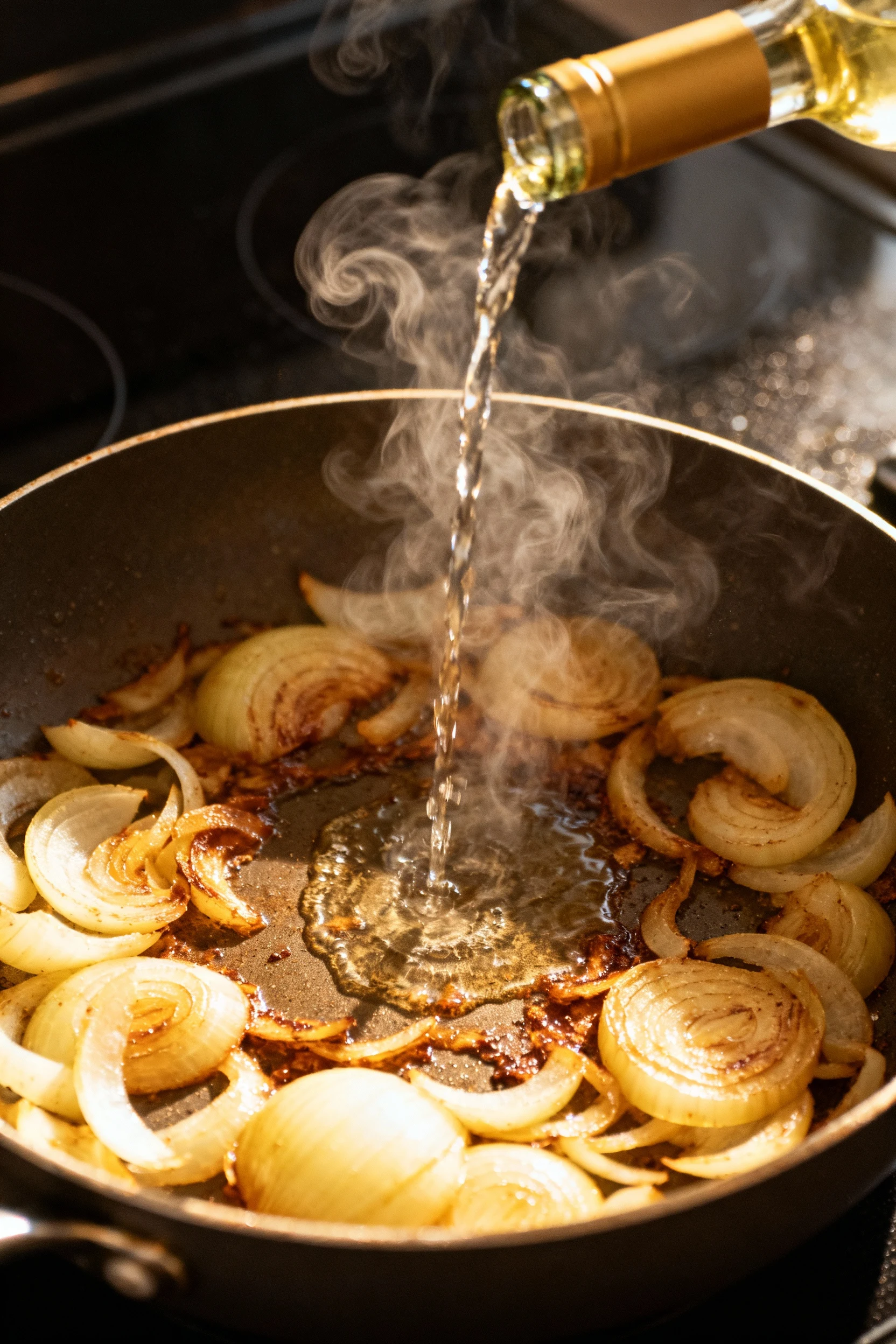 Overhead shot of deglazing: a splash of dry white wine loosening browned fond around soft golden onions, steam curling u
