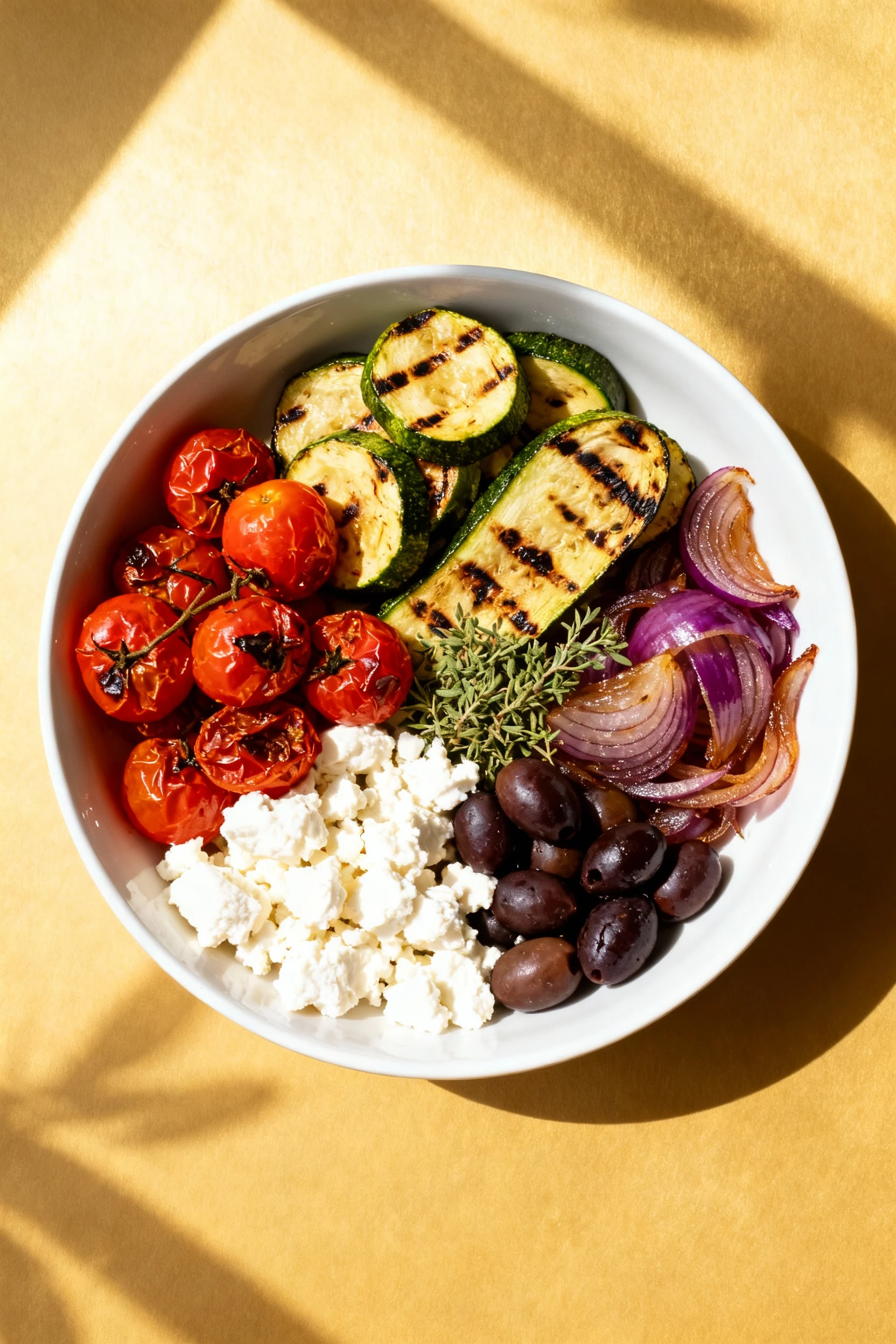 Overhead Roasted Veg + Feta Farro bowl: blistered cherry tomatoes, charred zucchini, caramelized red onion, crumbled fet