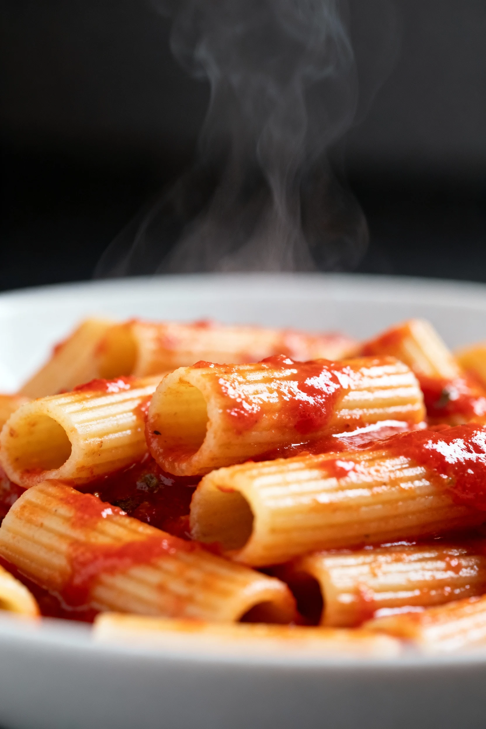 Close-up detail: rigatoni just added near the end in the slow cooker, al dente check with pasta mostly submerged and sau
