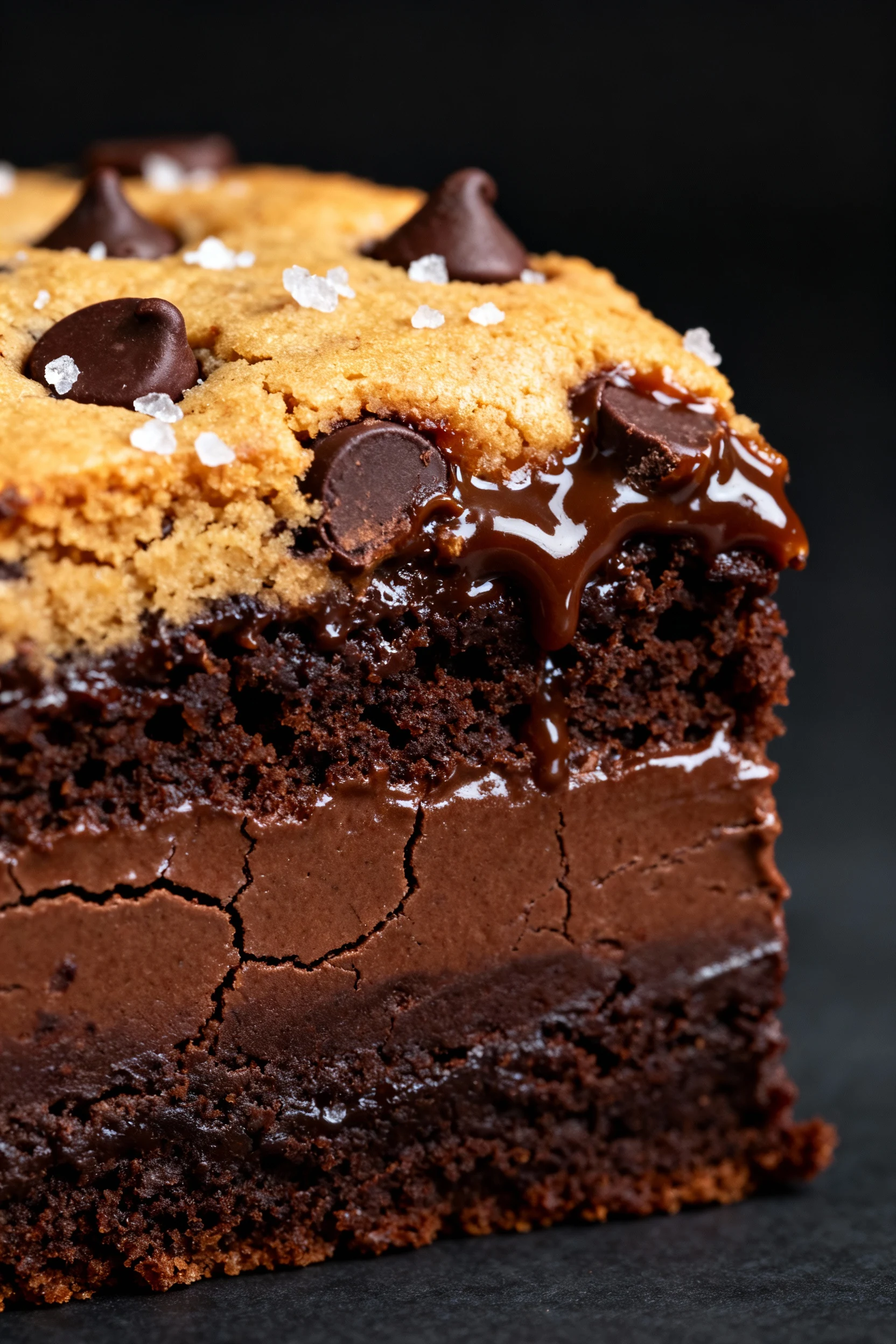 2. Extreme close-up of a sliced brookie showing clean, distinct layers—glossy fudgy brownie base and gooey chocolate-chi