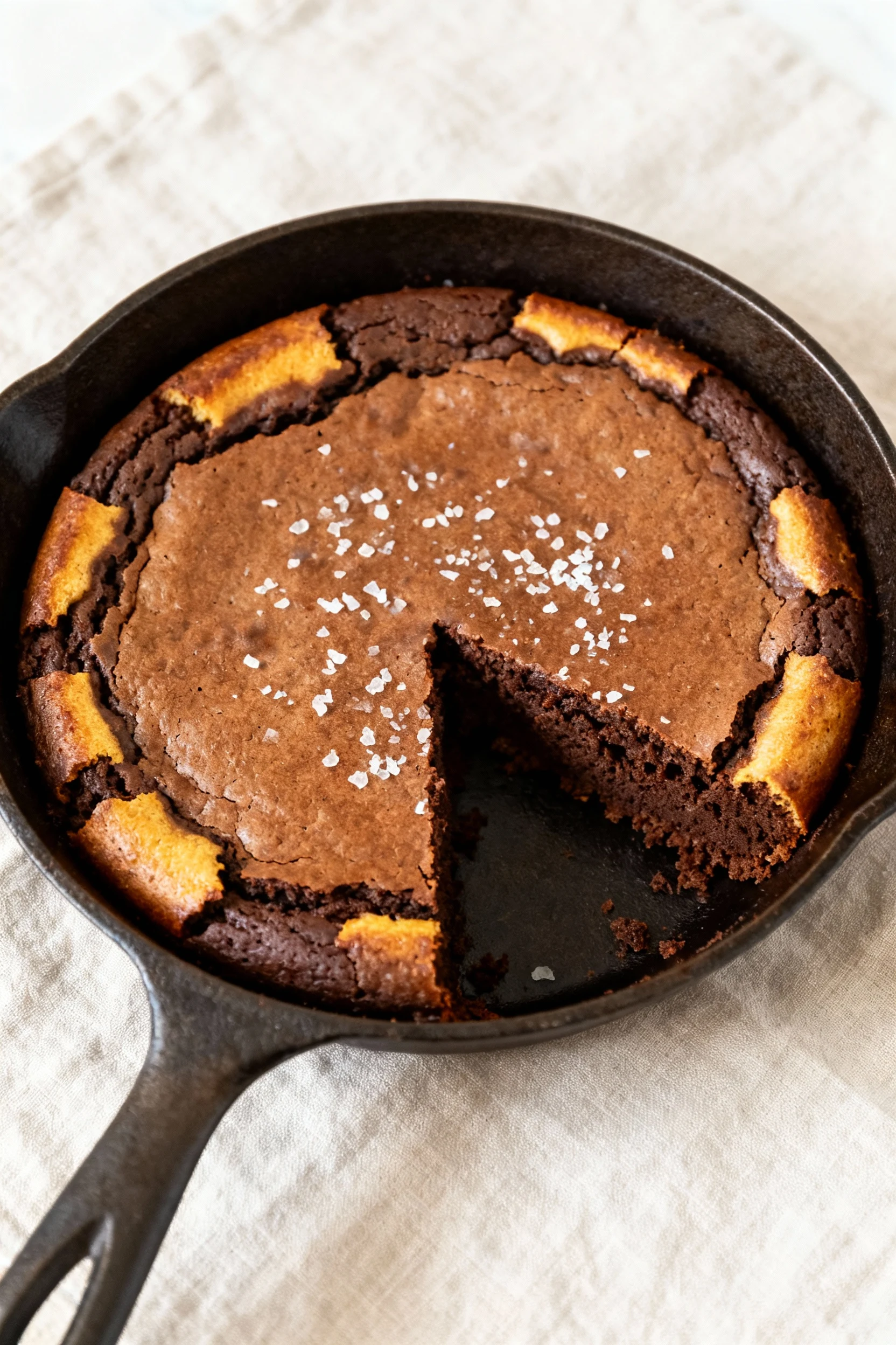 Overhead of the skillet brownie post-bake at 400°F, one wedge removed to reveal fudgy interior and crisp edges, light sp