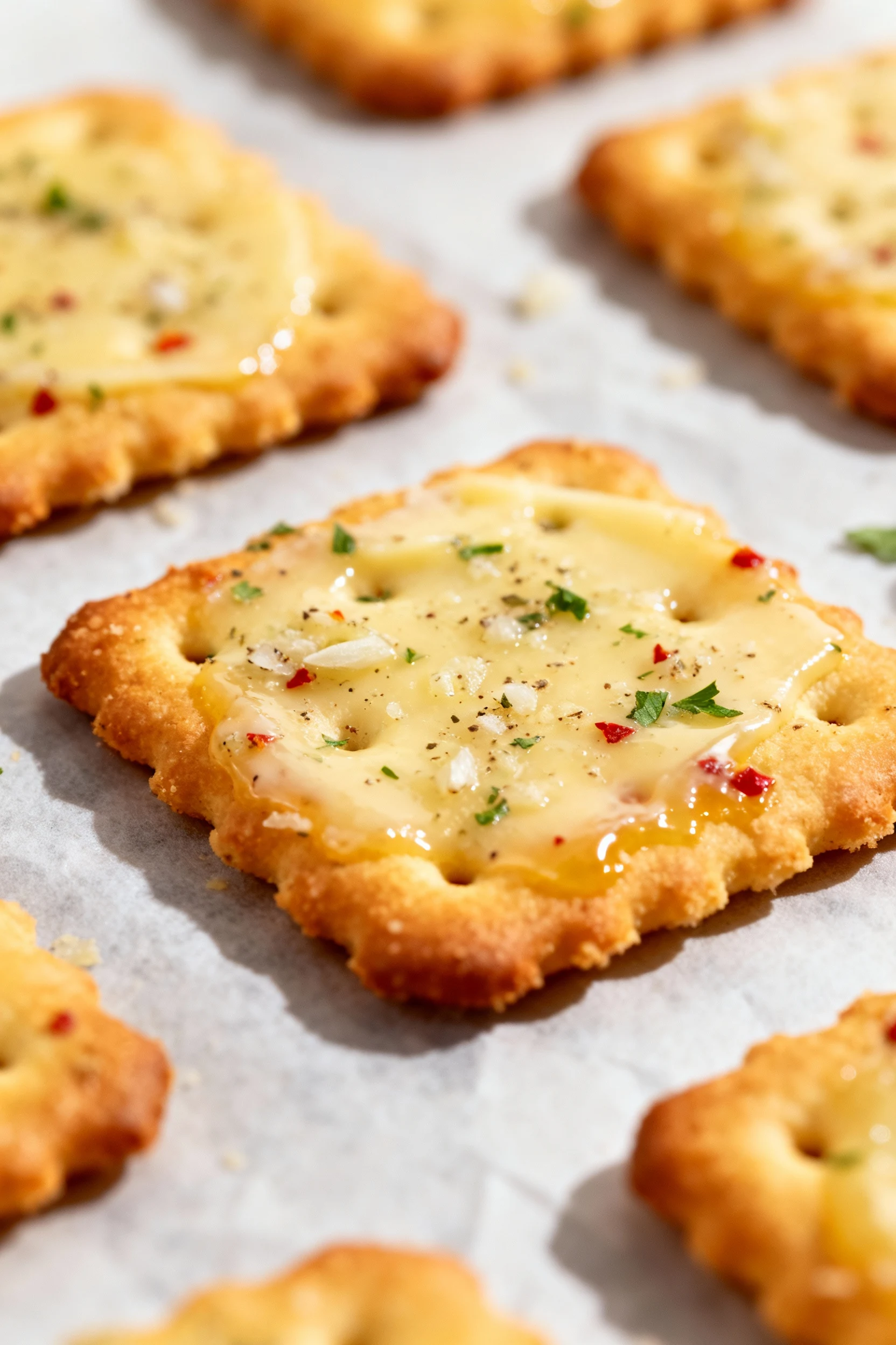 Close-up of Garlic-Parmesan Ritz crisps just out of the oven on parchment: butter-brushed crackers with melted Parmesan,