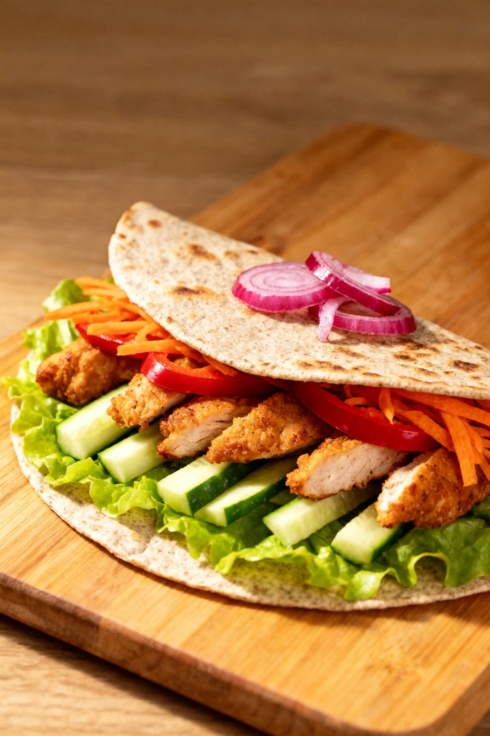 45-degree shot of a lightly toasted whole-wheat tortilla being layered dry–wet–dry: dry romaine, crispy chicken strips, 