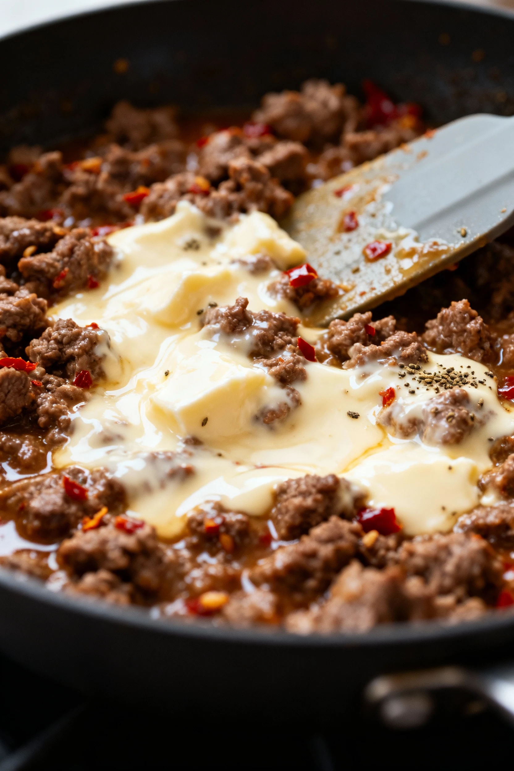 Macro process shot: cream cheese melting into the beef, forming a glossy, silky sauce that coats every crumble, flecks o