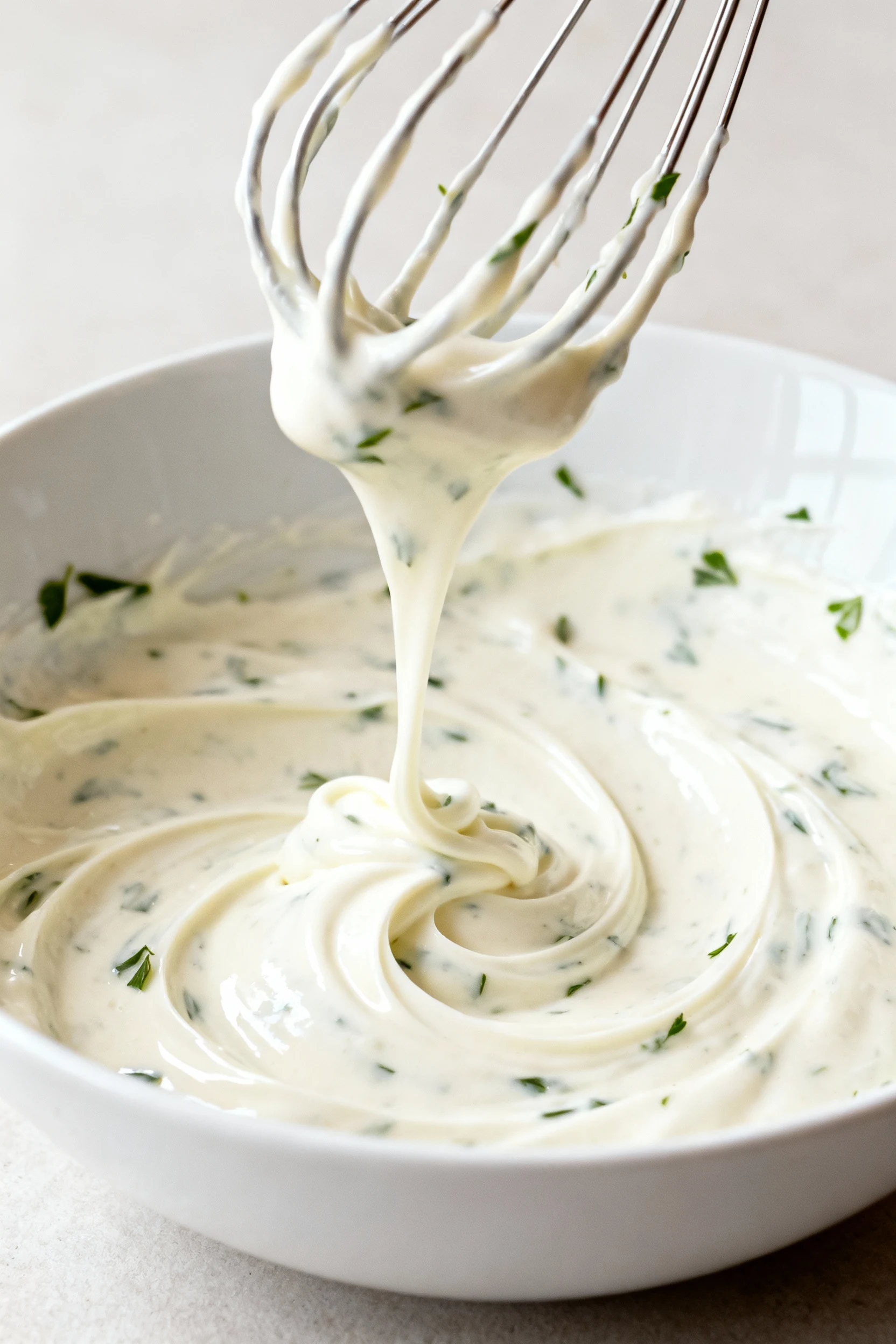 Cooking process: sour cream sauce being whisked to smooth, glossy ribbons in a white mixing bowl, herb flecks suspended,