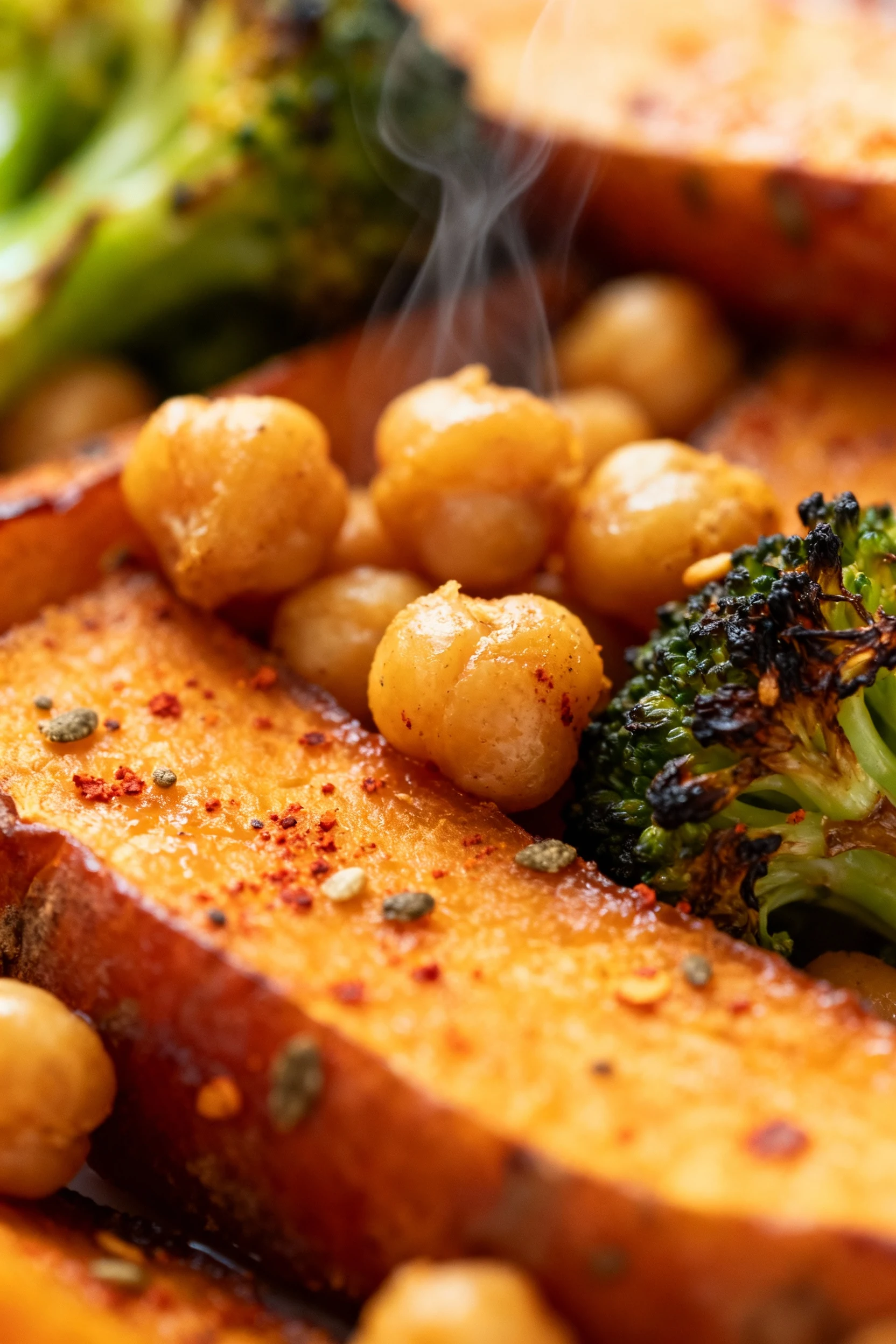 2. Close-up detail of crispy chickpeas nestled against caramelized sweet potato and charred broccoli florets, paprika–cu
