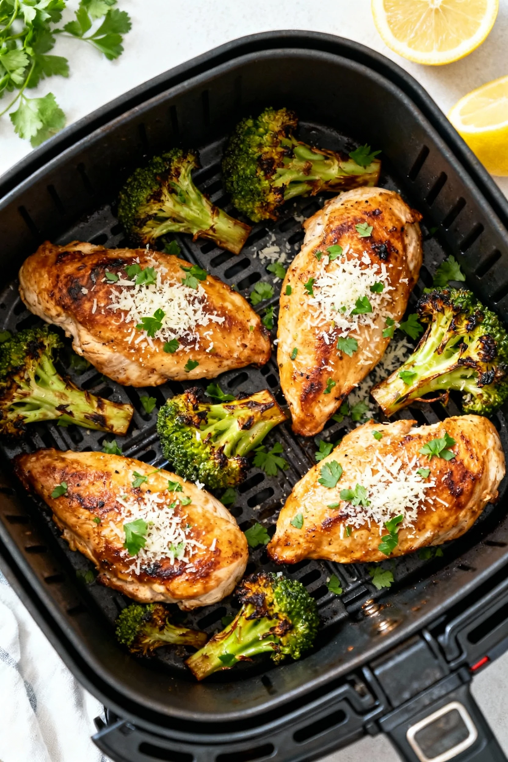 Overhead shot of air fryer basket at finish: chicken and broccoli spaced in a single layer for airflow, even browning an