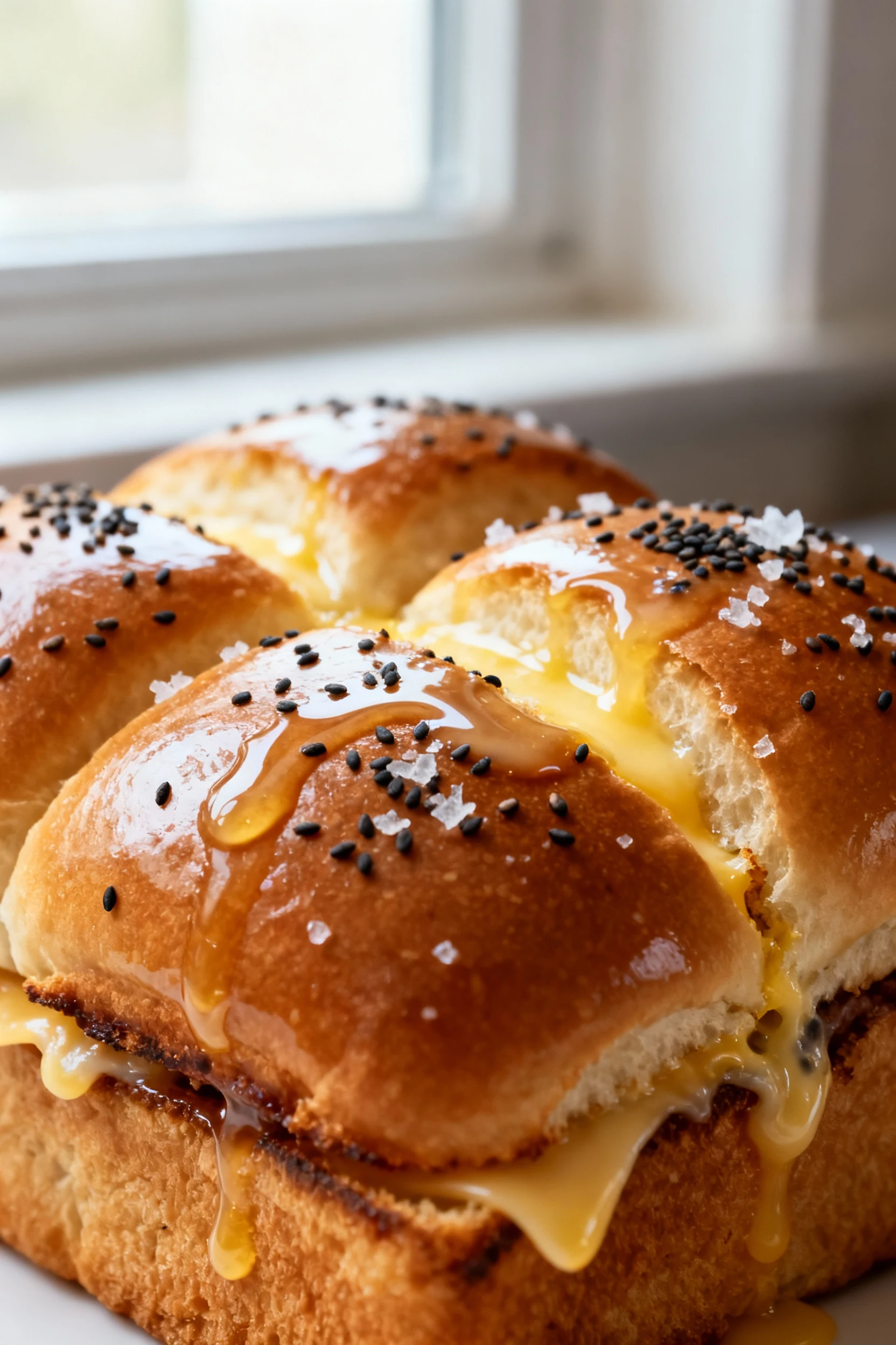 Close-up detail of glossy slider tops with butter glaze pooling in crevices, poppy seeds and flaky salt visible, cheese 