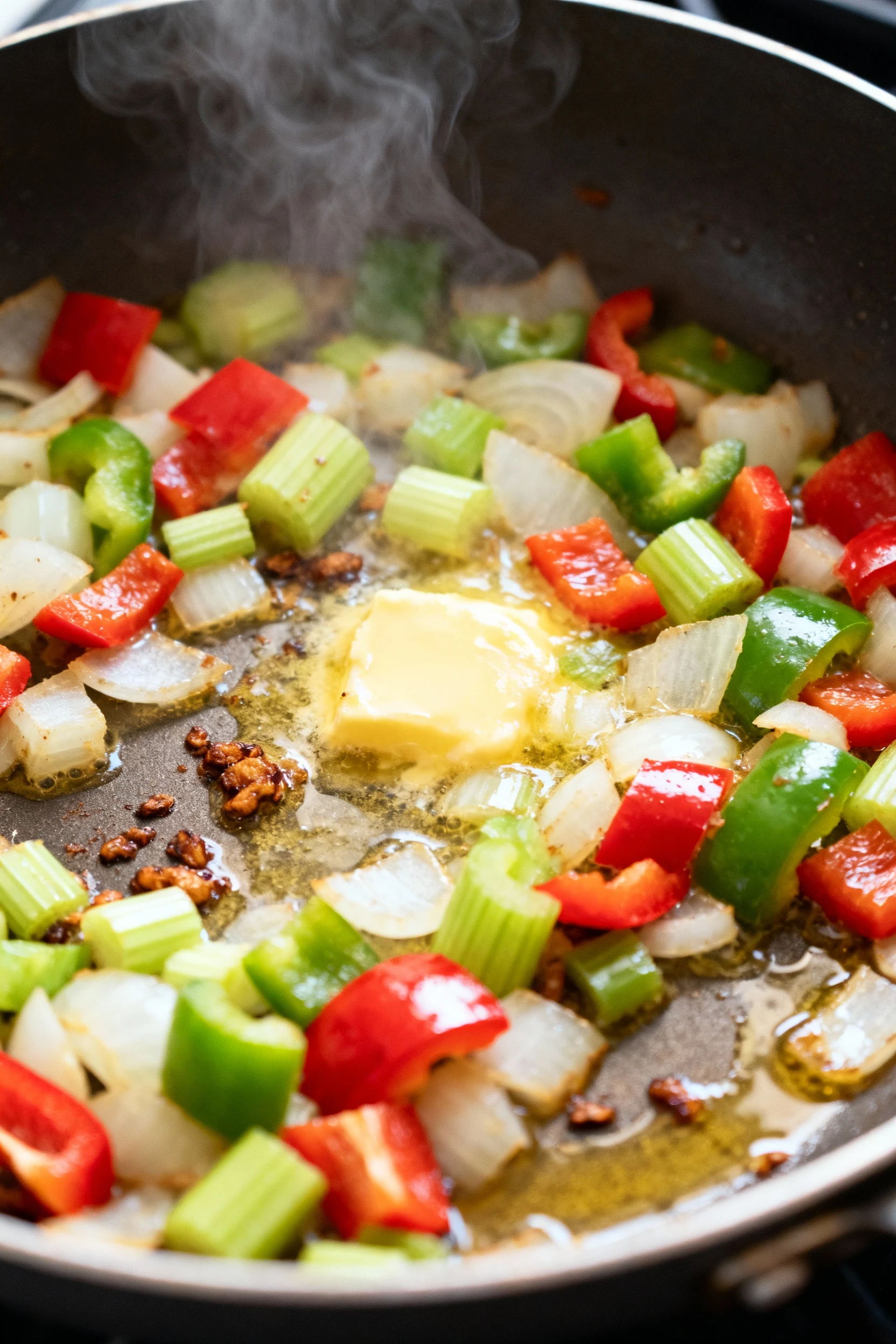 2. Cooking process: sautéed Cajun holy trinity (onion, red and green bell pepper, celery) softened in butter and oil, br