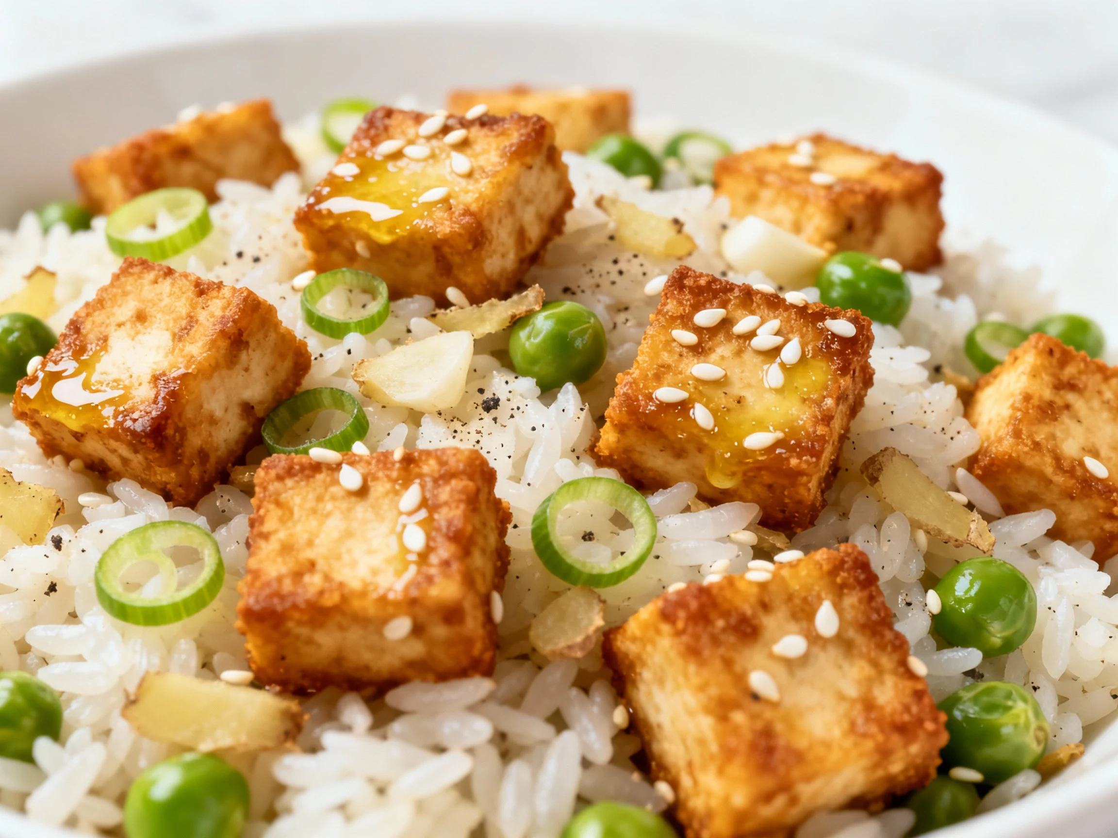 Food photography, Close-up of toasty jasmine rice with golden crispy tofu cubes (cornstarch crust), garlicky ginger bits