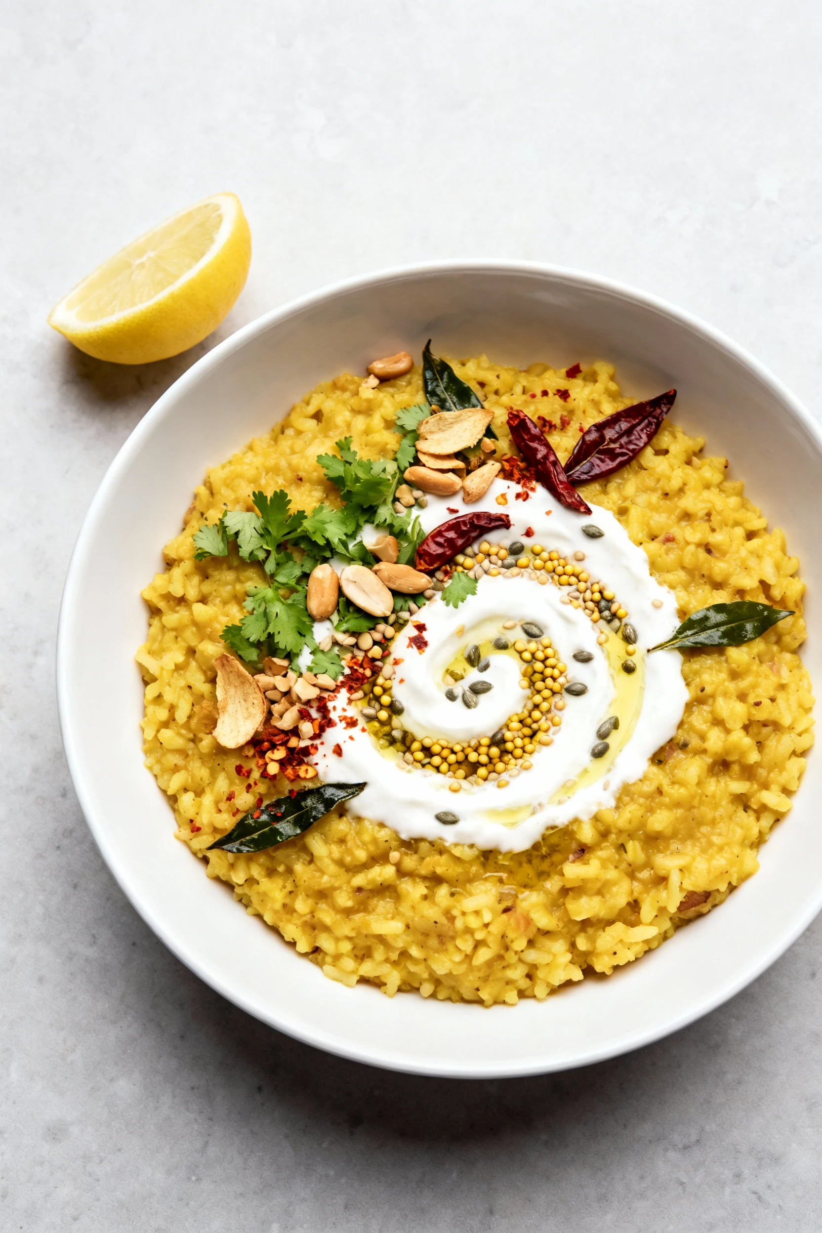 2. Overhead shot: khichdi in a wide white bowl, topped with swirl of tadka yogurt (crackled mustard and cumin, curry lea