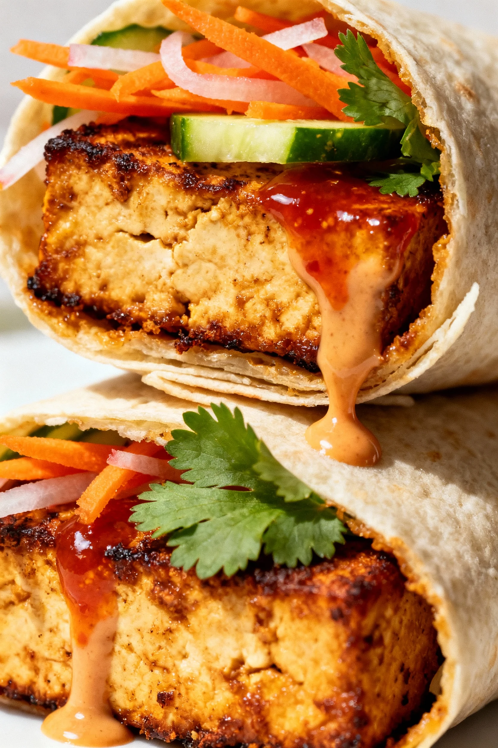 Close-up detail of caramelized tofu banh mi wrap cross-section with deep golden tofu crust, pickled carrot/daikon, cucum