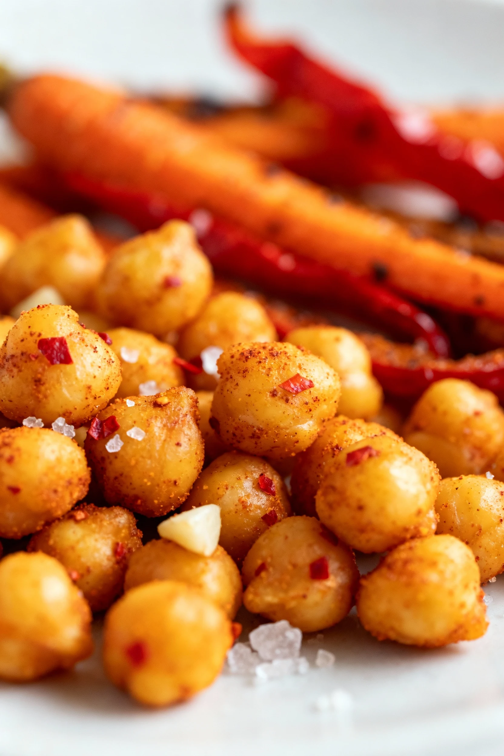 2. Close-up of golden, crunchy chickpeas coated in smoked paprika and garlic, tiny red pepper flake specks and salt crys