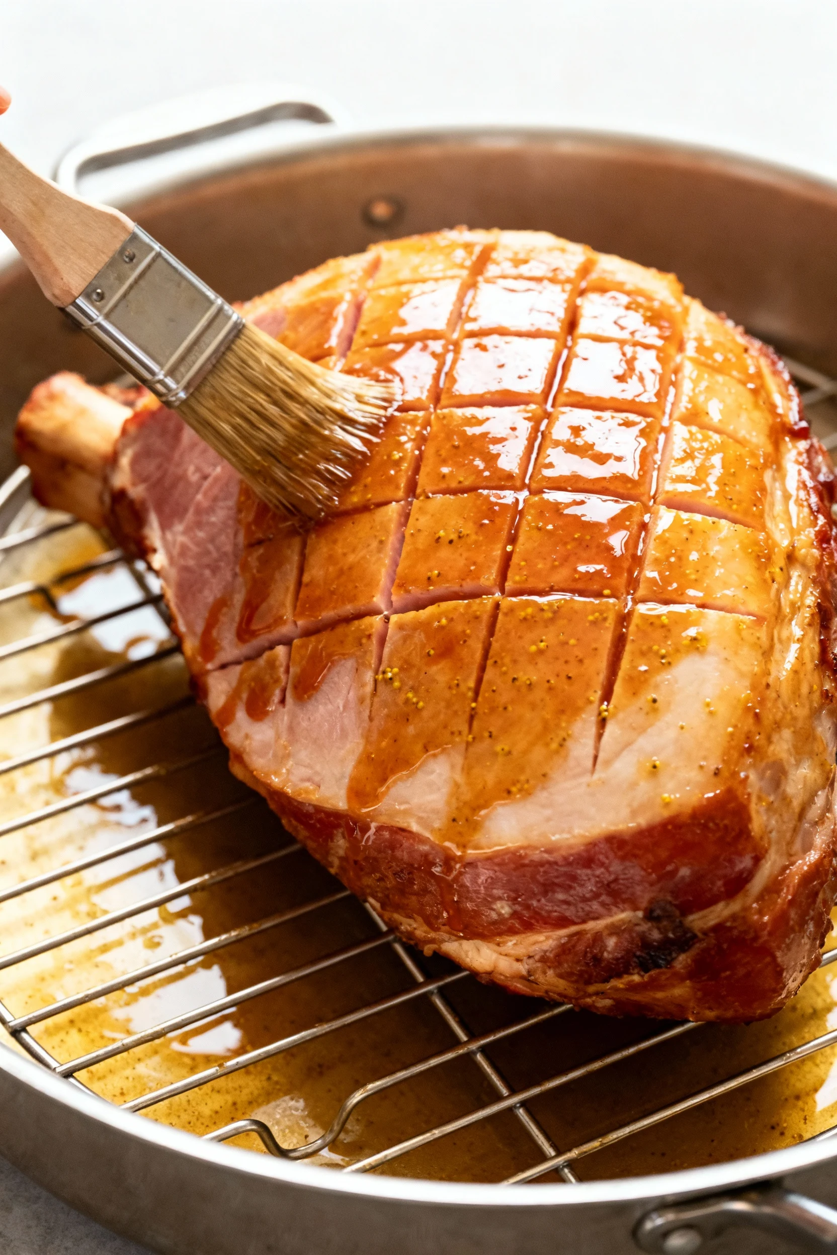 Bone-in ham cut-side down on rack at 375°F, first glaze brushed on, glossy maple–Dijon lacquer clinging to scores, pan j