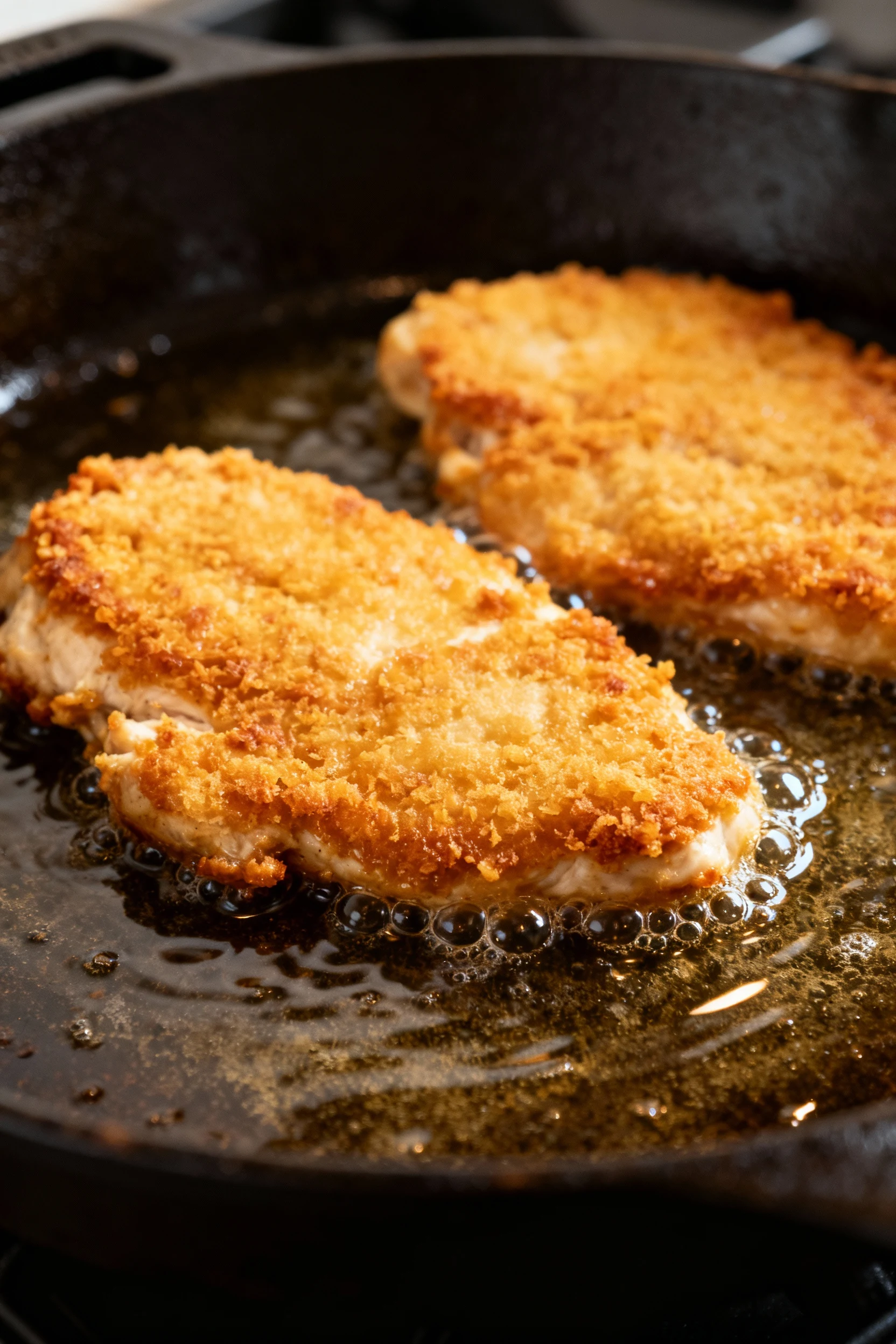 Cooking process: breaded chicken cutlets sizzling in a thin layer of shimmering oil in a cast-iron skillet at medium hea