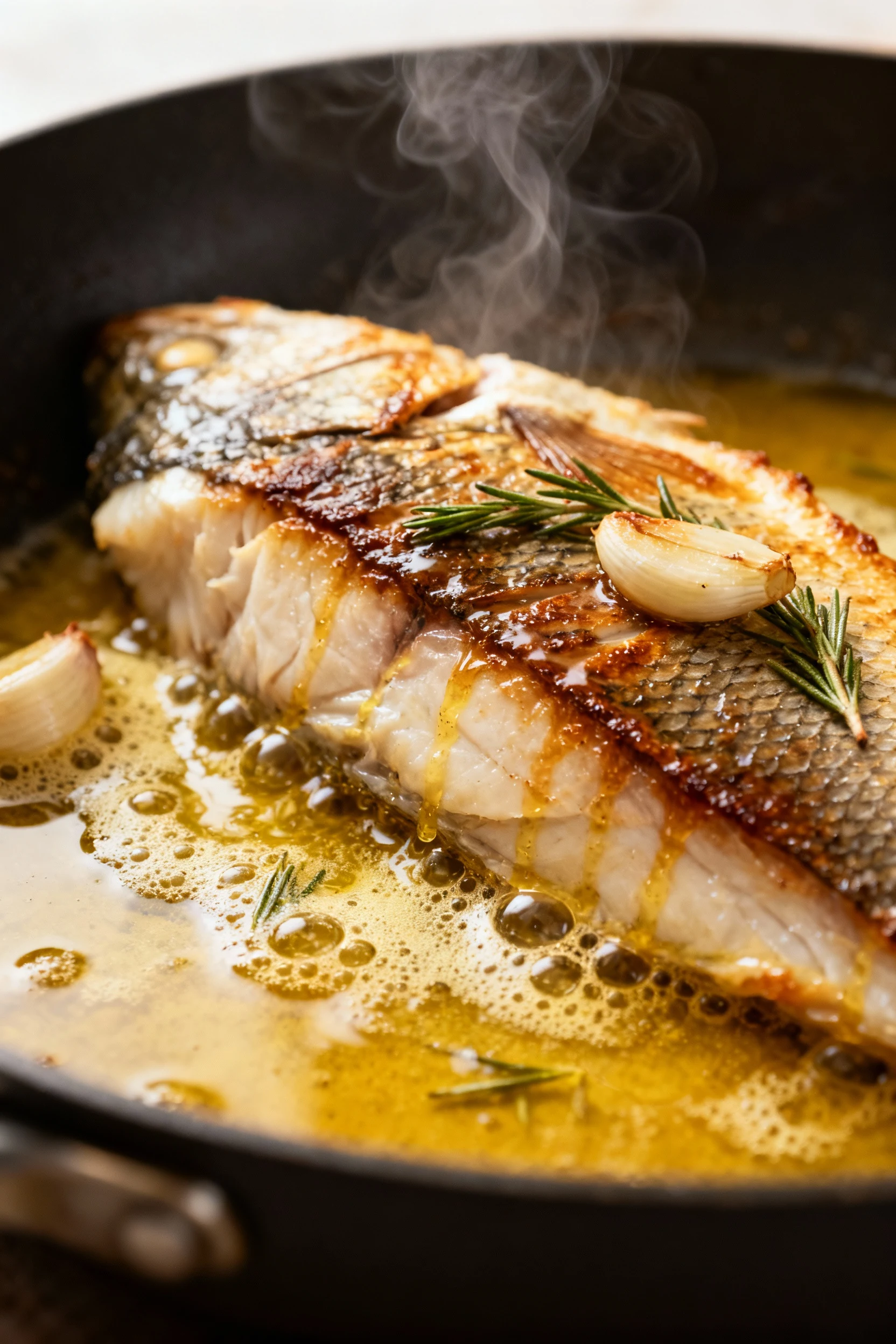 Process shot: pan tilted as browned butter cascades over opaque flaky sea bass flesh while the skin stays crisp, garlic 