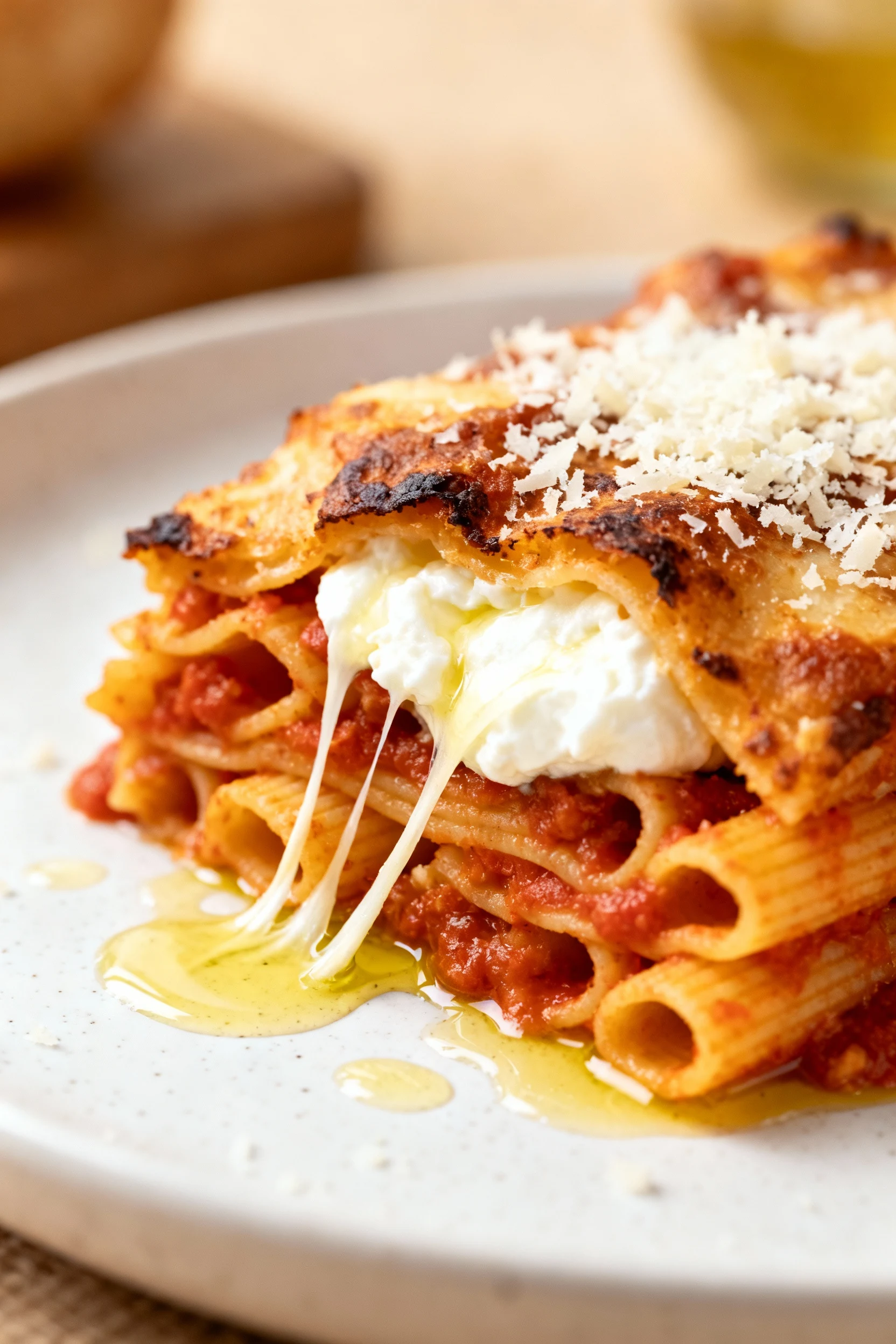Close-up of a plated slice of ziti showing distinct layers: tender pasta coated in marinara, creamy ricotta dollops, str