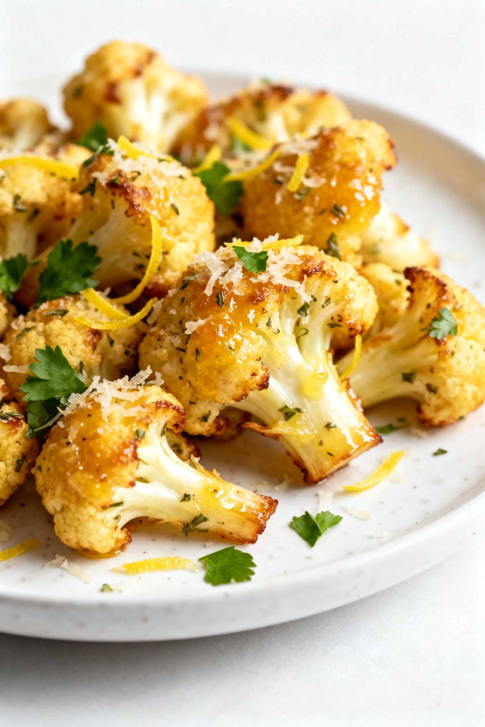 2. Beautifully plated Garlic-Parmesan roasted cauliflower, golden melted Parmesan and lemon zest over crisp florets, spr