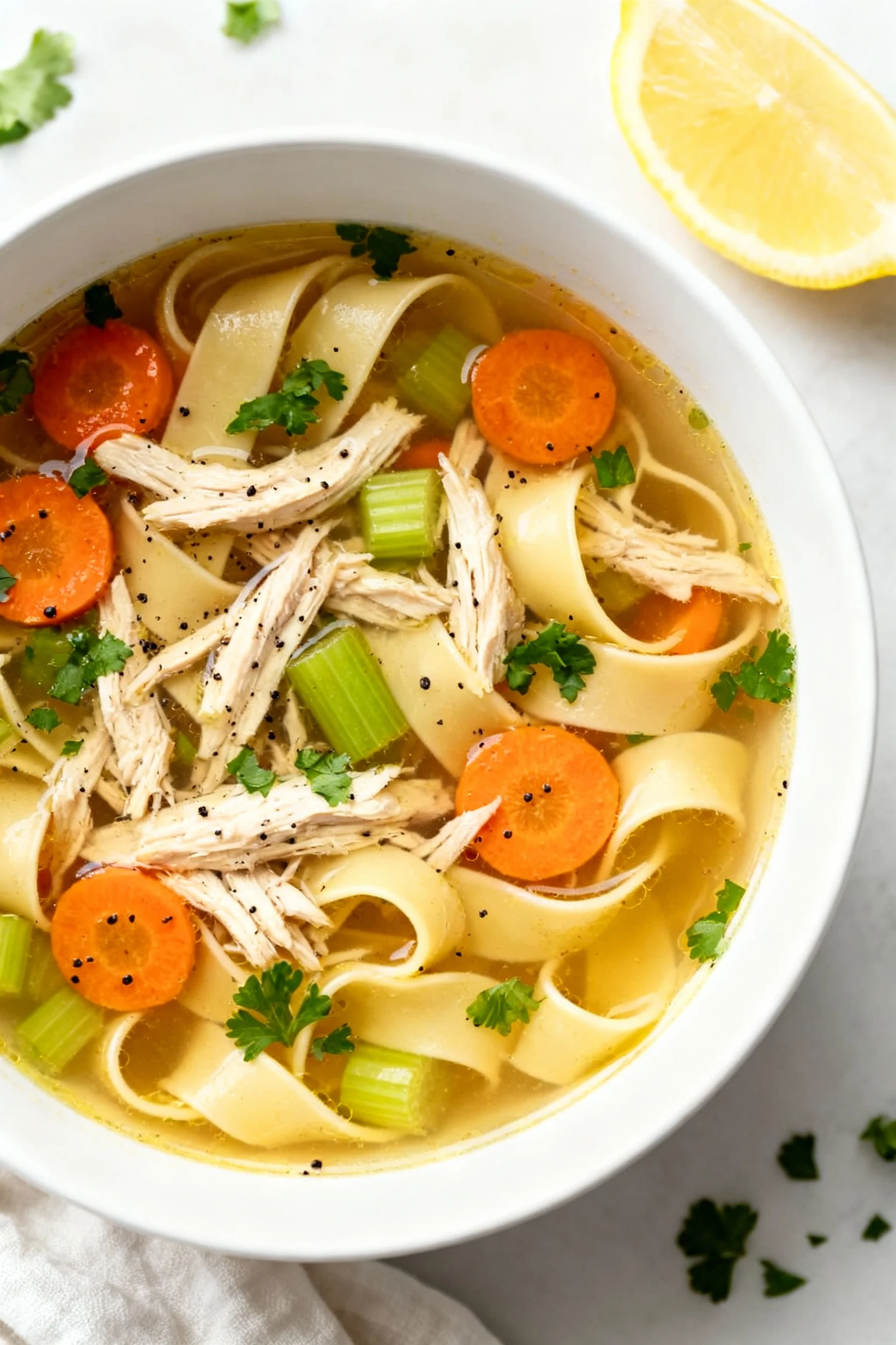 Overhead shot of classic chicken noodle soup in a wide white bowl: clear golden broth, ribbon egg noodles, shredded chic